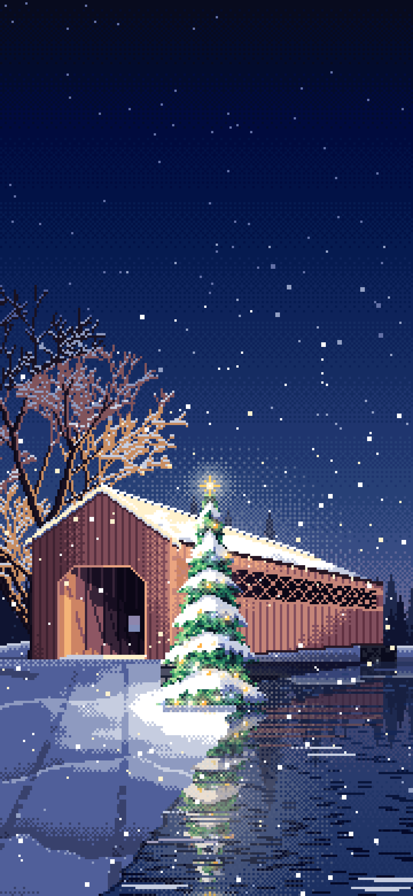Navy Pixel Art Christmas Tree at a Snowy Covered Bridge wallpaper for iPhone and Android
