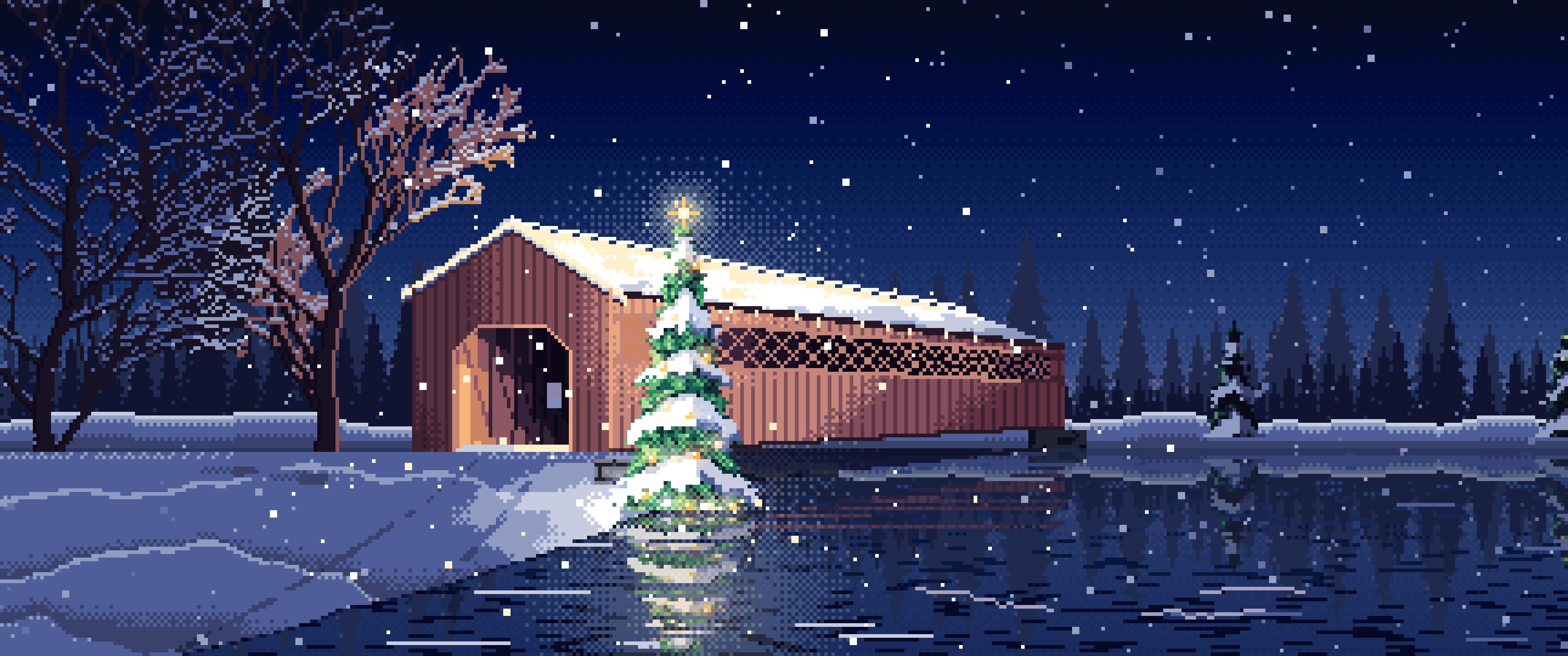 Navy Pixel Art Christmas Tree at a Snowy Covered Bridge ultrawide wallpaper, 3440 × 1440