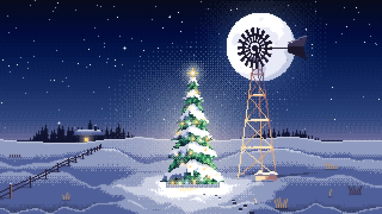 Navy Pixel Art Christmas Tree by a Farm Windmill desktop wallpaper in 4K