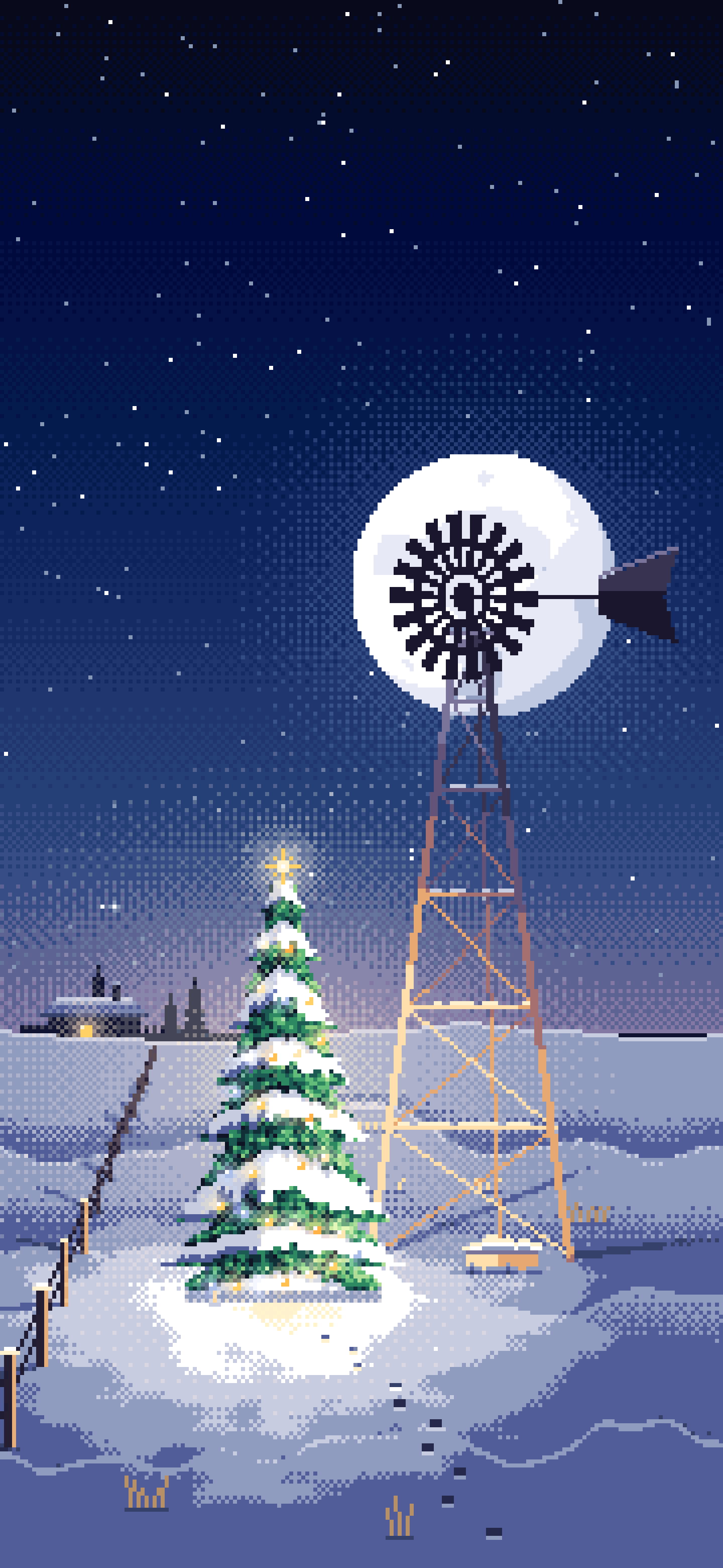 Navy Pixel Art Christmas Tree by a Farm Windmill wallpaper for iPhone and Android