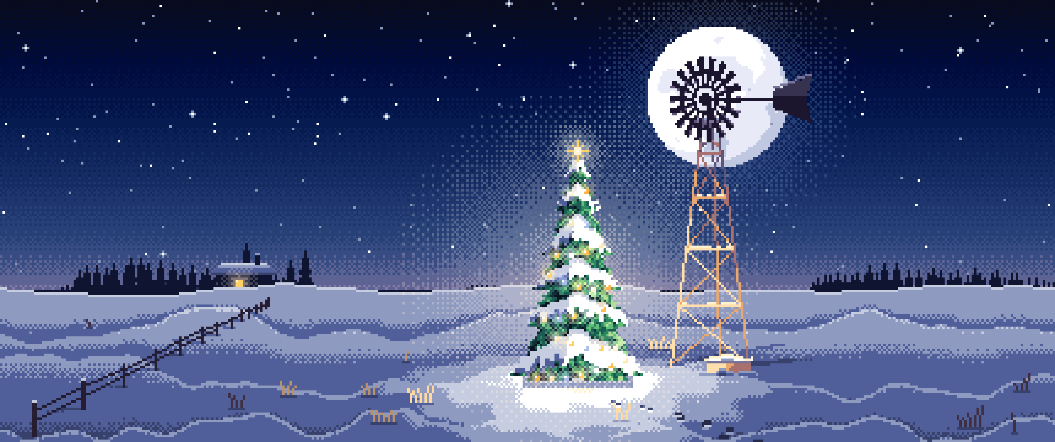Navy Pixel Art Christmas Tree by a Farm Windmill ultrawide wallpaper, 3440 × 1440
