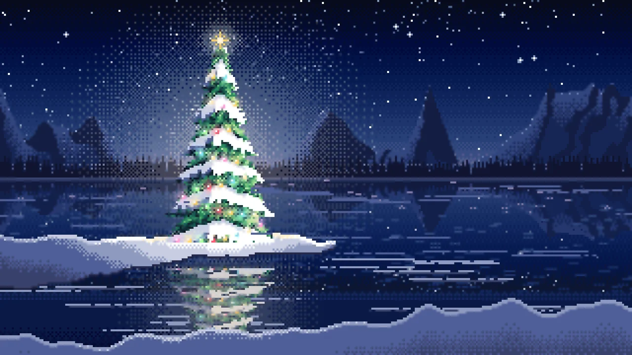 Navy Pixel Art Christmas Tree by a Frozen Lake desktop wallpaper in 4K
