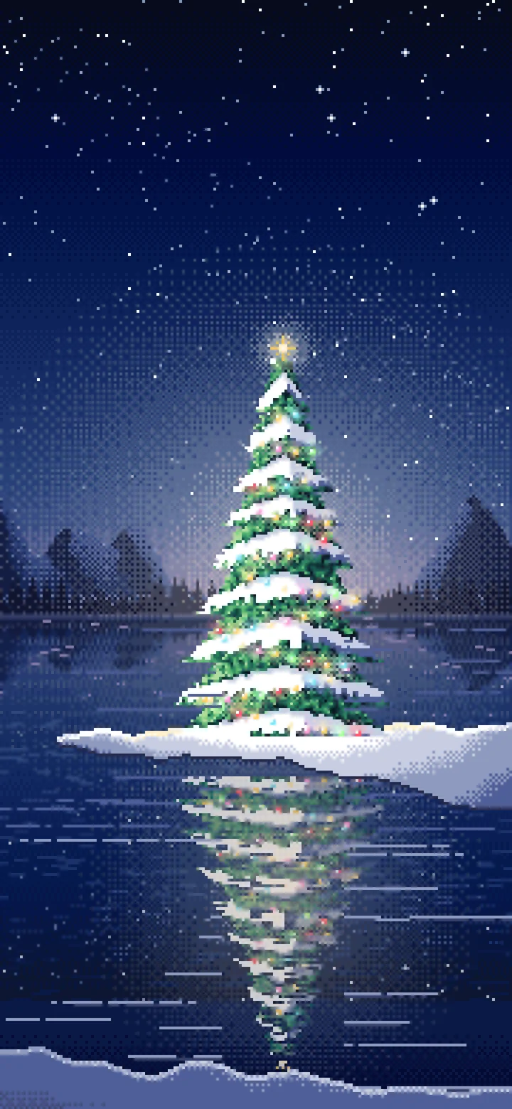 Navy Pixel Art Christmas Tree by a Frozen Lake wallpaper for iPhone and Android