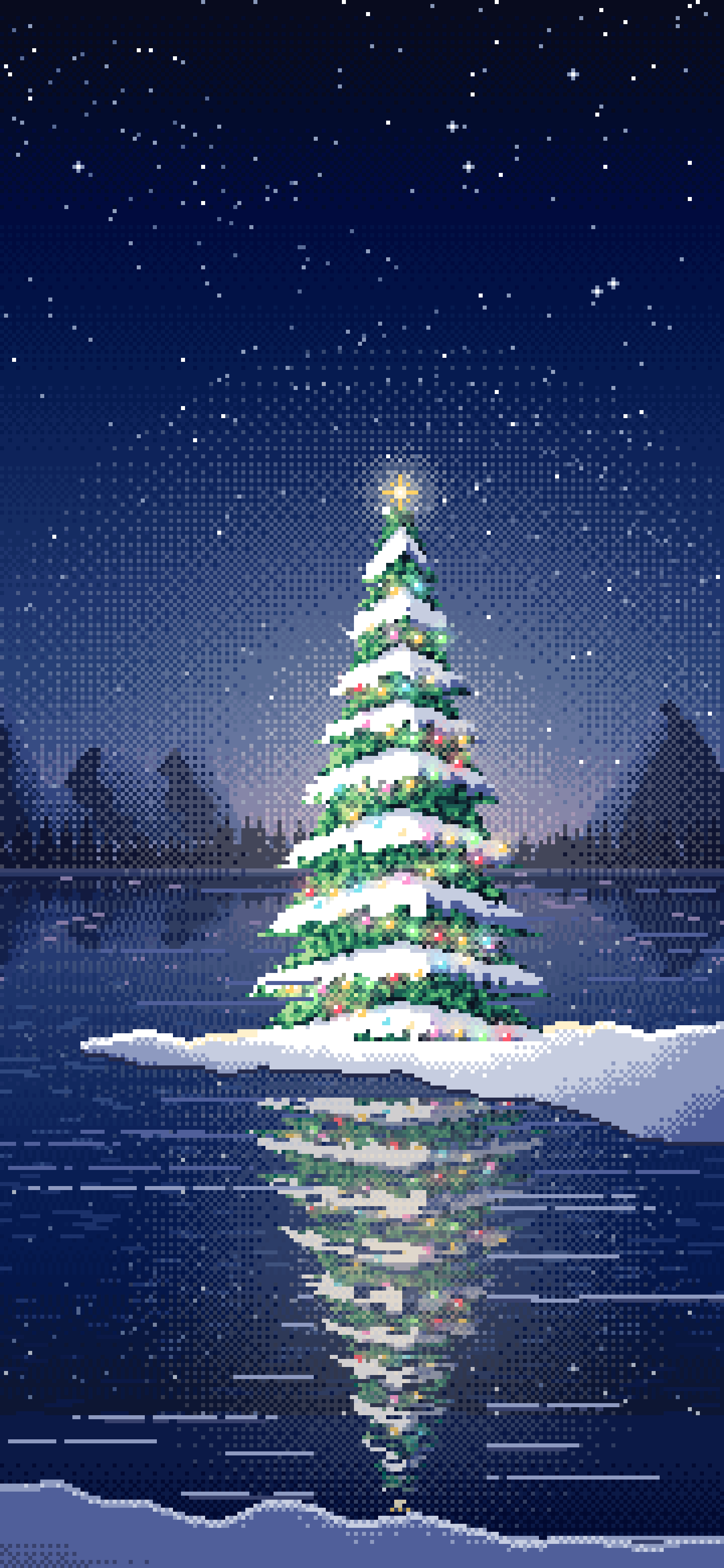 Navy Pixel Art Christmas Tree by a Frozen Lake wallpaper for iPhone and Android