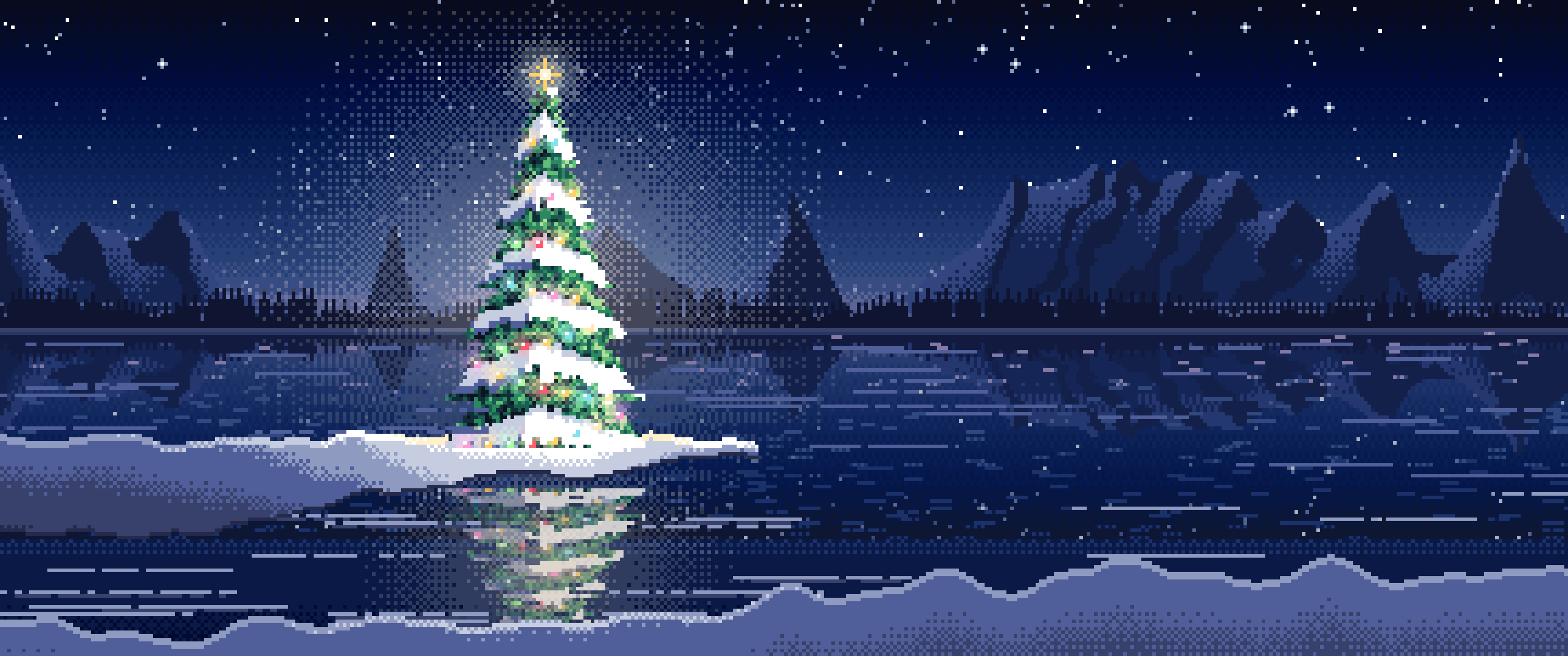 Navy Pixel Art Christmas Tree by a Frozen Lake ultrawide wallpaper, 3440 × 1440