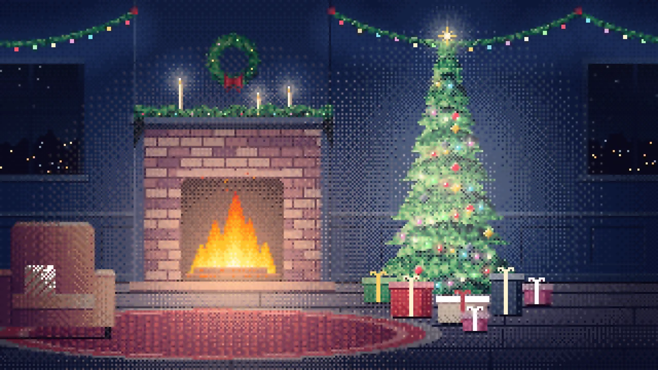 Navy Pixel Art Christmas Tree by the Fireplace desktop wallpaper in 4K