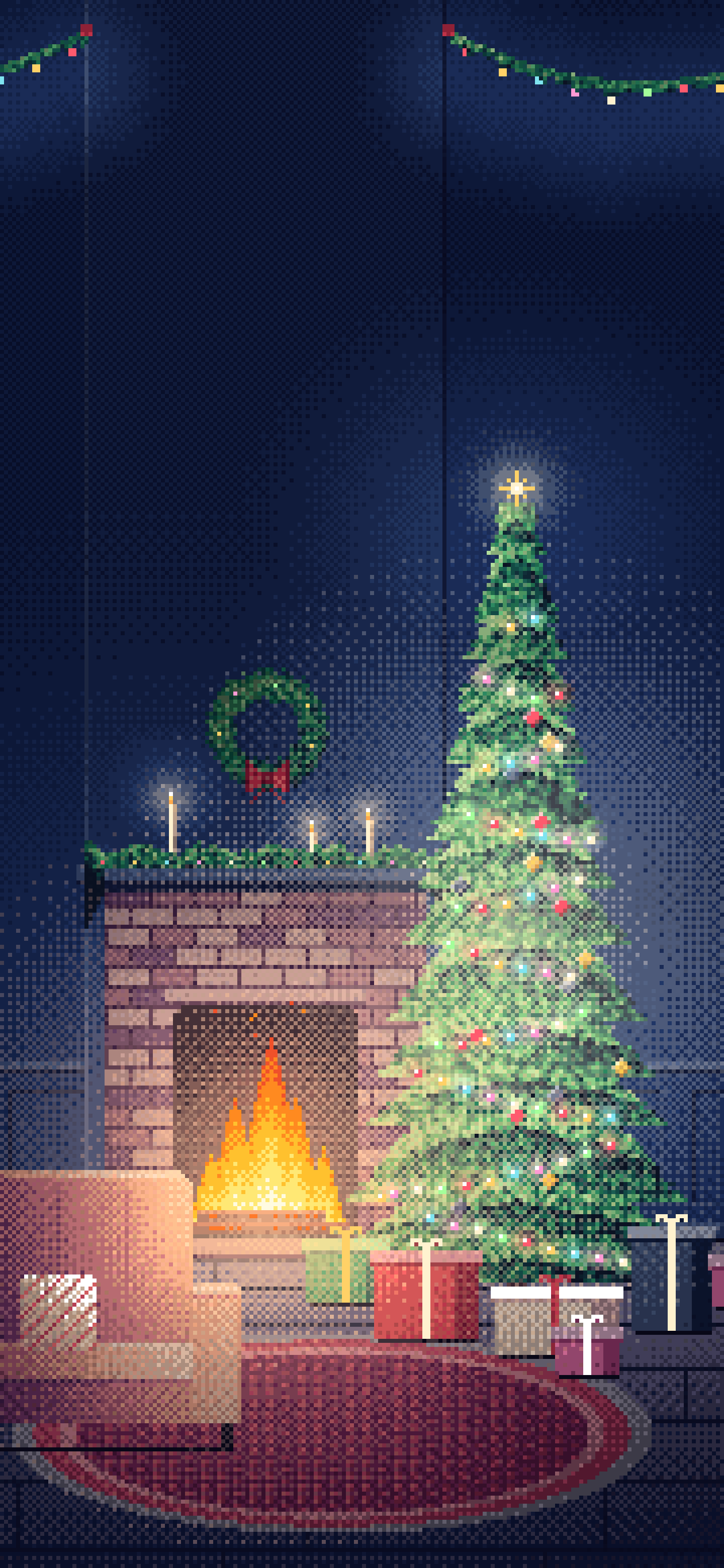 Navy Pixel Art Christmas Tree by the Fireplace wallpaper for iPhone and Android
