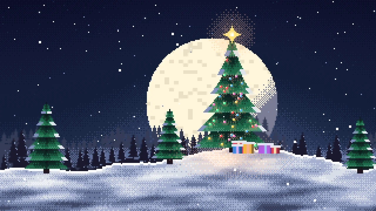 Navy Pixel Art Christmas Tree desktop wallpaper in 4K