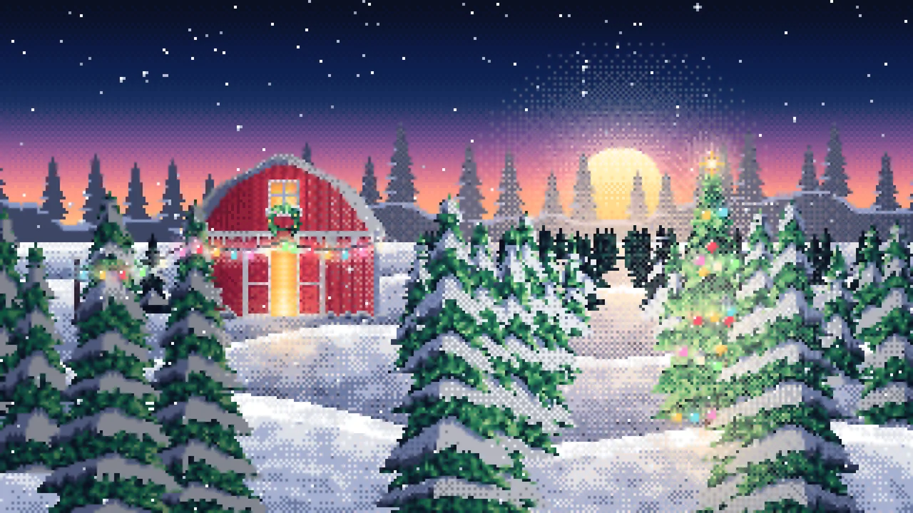 Navy Pixel Art Christmas Tree Farm at Dusk desktop wallpaper in 4K