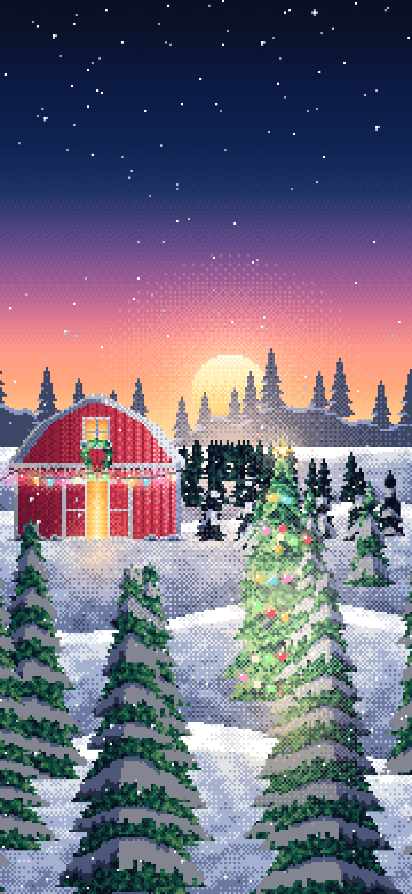 Navy Pixel Art Christmas Tree Farm at Dusk wallpaper for iPhone and Android