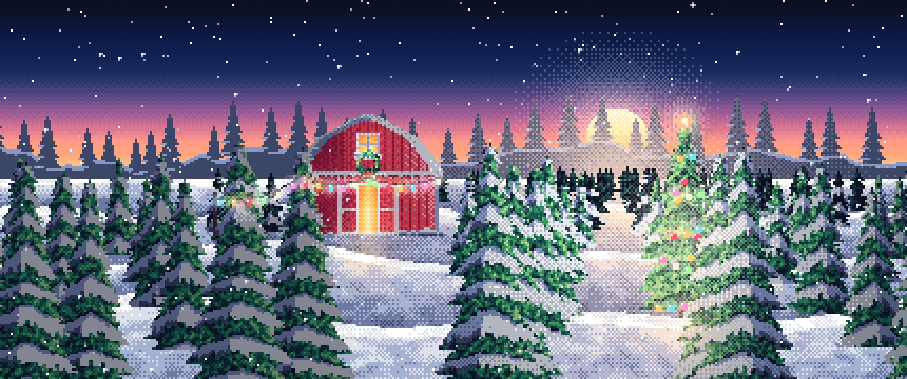 Navy Pixel Art Christmas Tree Farm at Dusk ultrawide wallpaper, 3440 × 1440