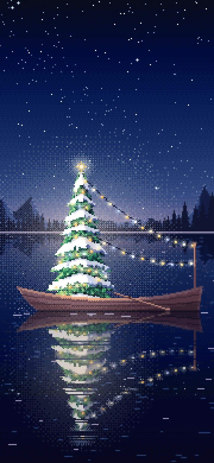 Navy Pixel Art Christmas Tree in a Rowboat on a Lake wallpaper for iPhone and Android