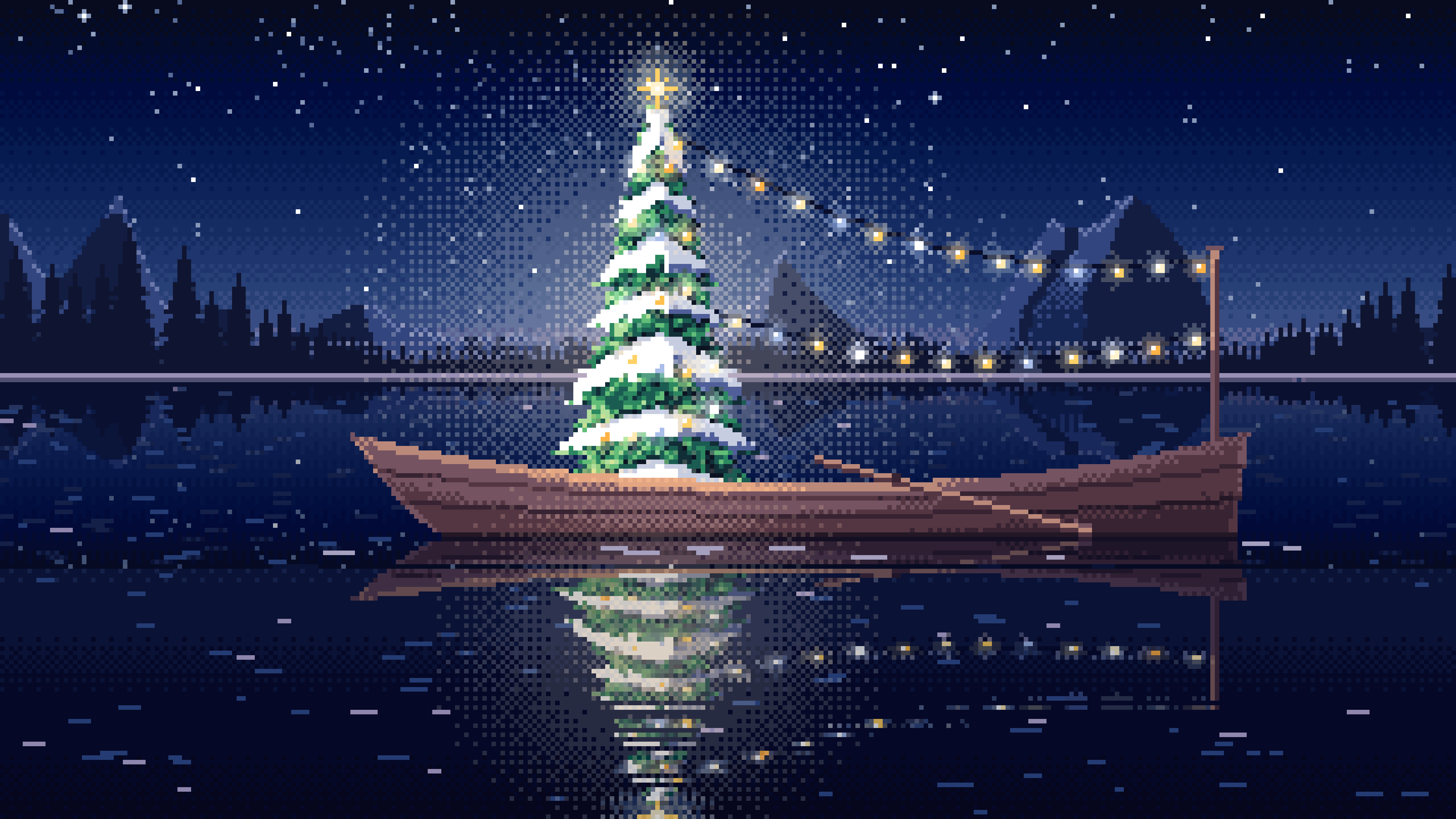 Navy Pixel Art Christmas Tree in a Rowboat on a Lake desktop wallpaper in 4K