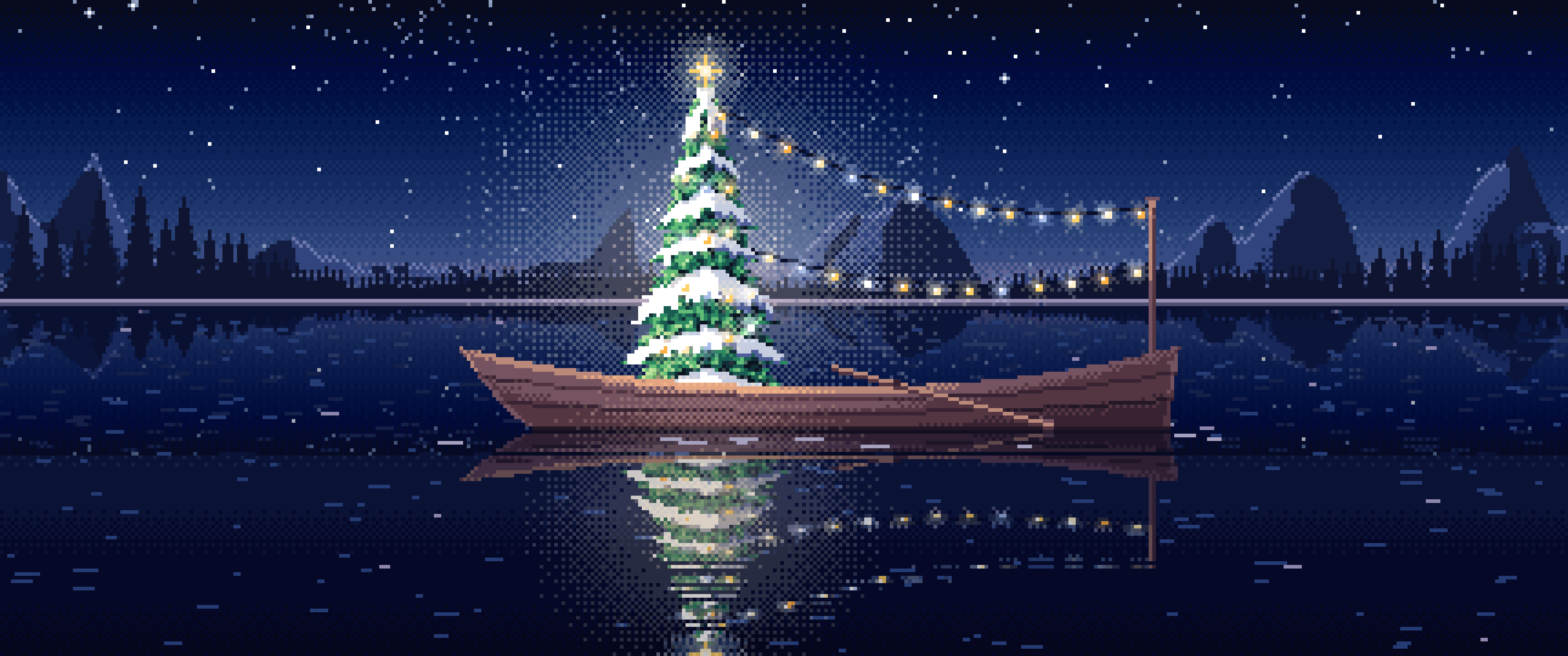 Navy Pixel Art Christmas Tree in a Rowboat on a Lake ultrawide wallpaper, 3440 × 1440