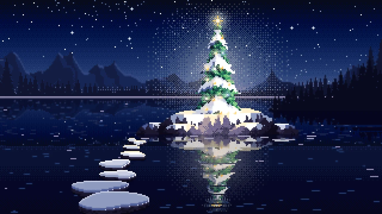Navy Pixel Art Christmas Tree on a Lake Island desktop wallpaper in 4K