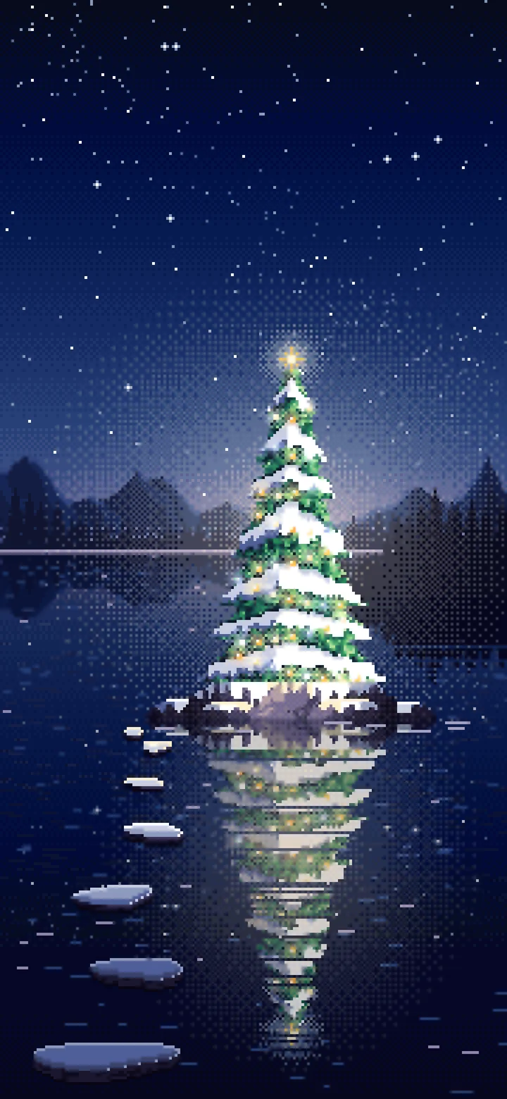 Navy Pixel Art Christmas Tree on a Lake Island wallpaper for iPhone and Android