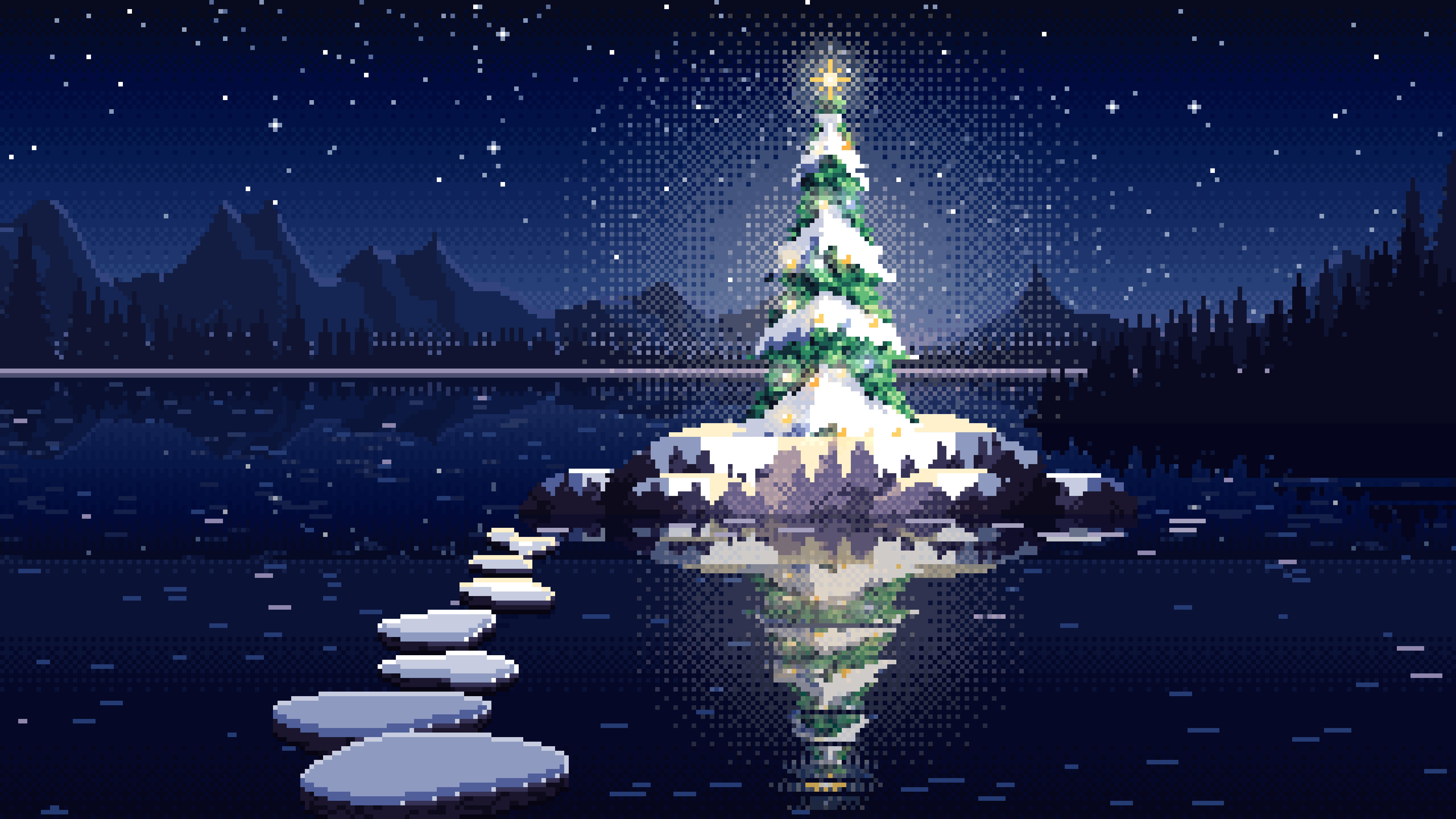 Navy Pixel Art Christmas Tree on a Lake Island desktop wallpaper in 4K