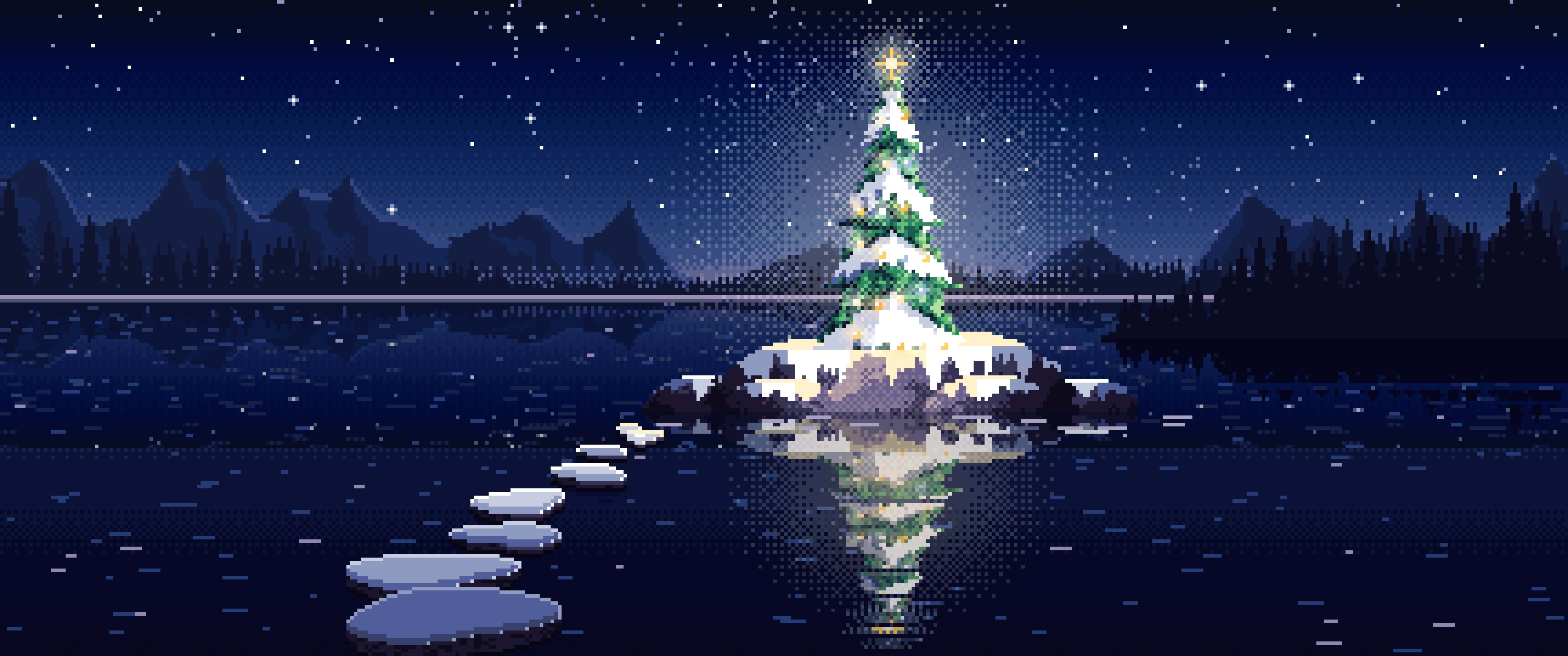 Navy Pixel Art Christmas Tree on a Lake Island ultrawide wallpaper, 3440 × 1440