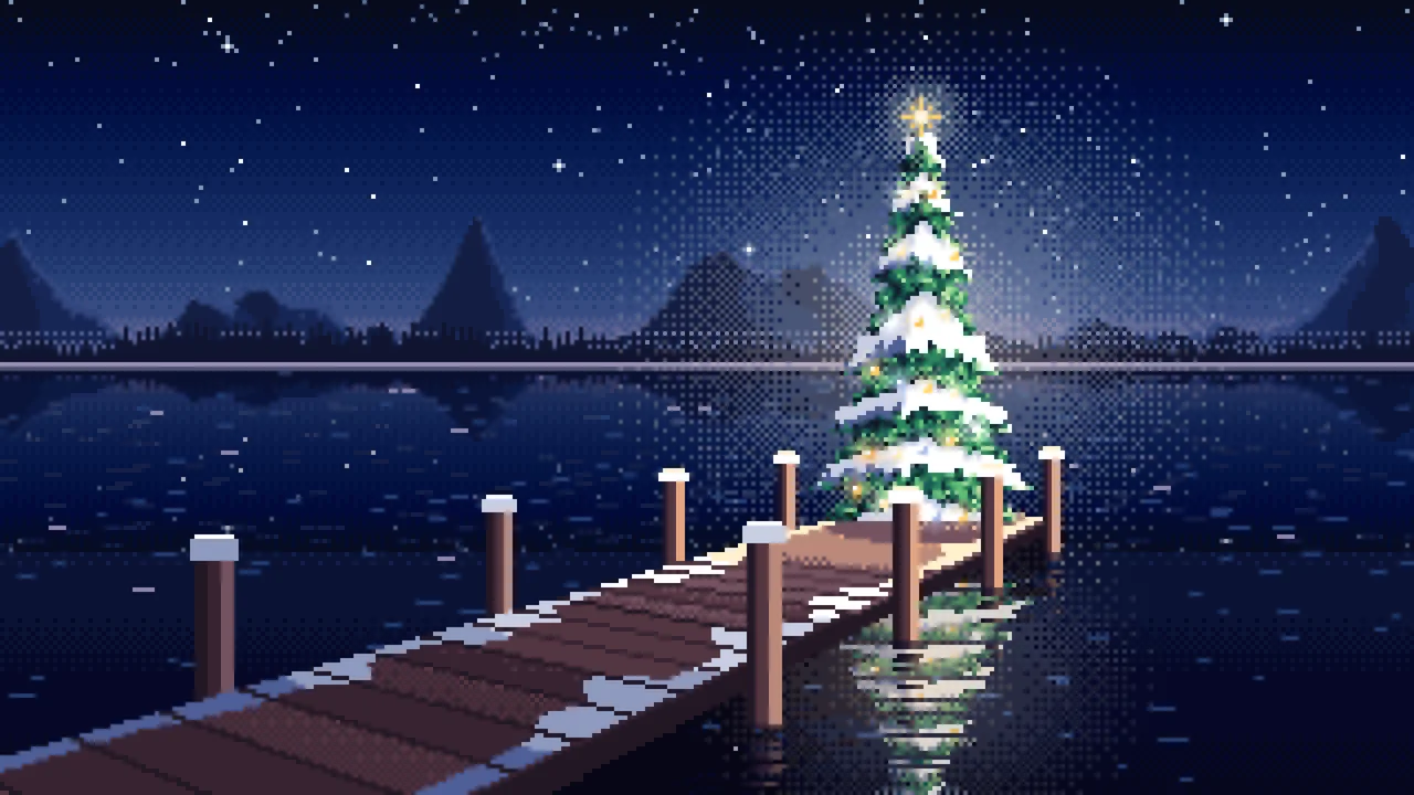 Navy Pixel Art Christmas Tree on a Lake Jetty desktop wallpaper in 4K