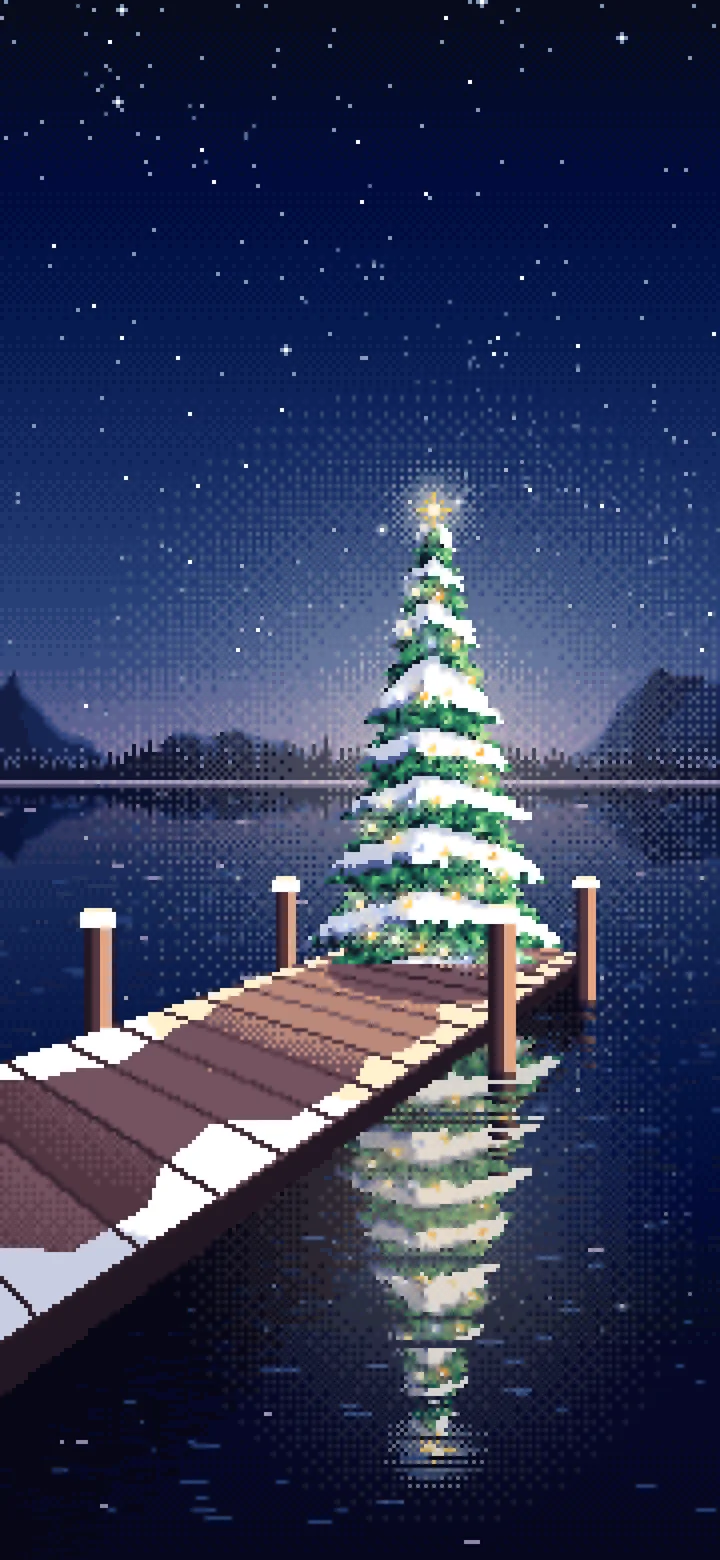 Navy Pixel Art Christmas Tree on a Lake Jetty wallpaper for iPhone and Android