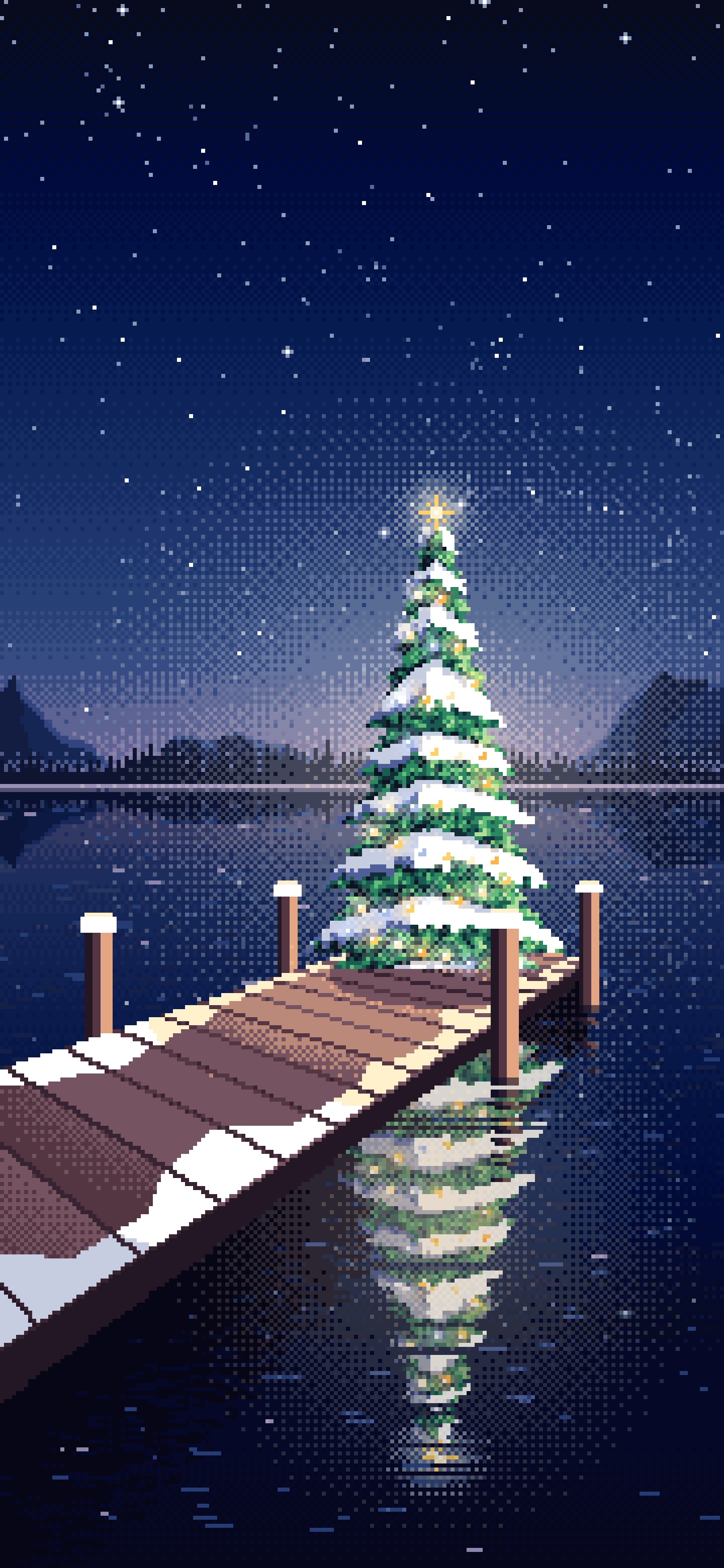 Navy Pixel Art Christmas Tree on a Lake Jetty wallpaper for iPhone and Android