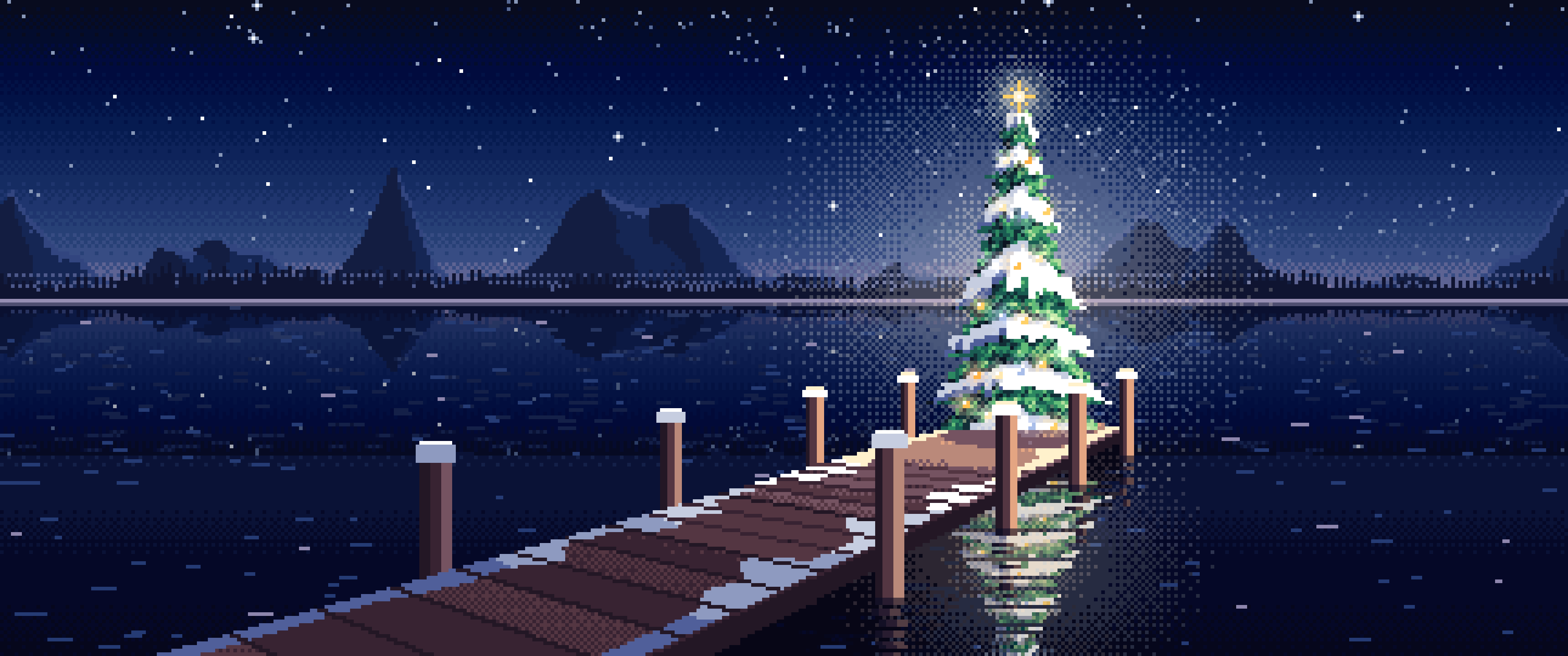 Navy Pixel Art Christmas Tree on a Lake Jetty ultrawide wallpaper, 3440 × 1440