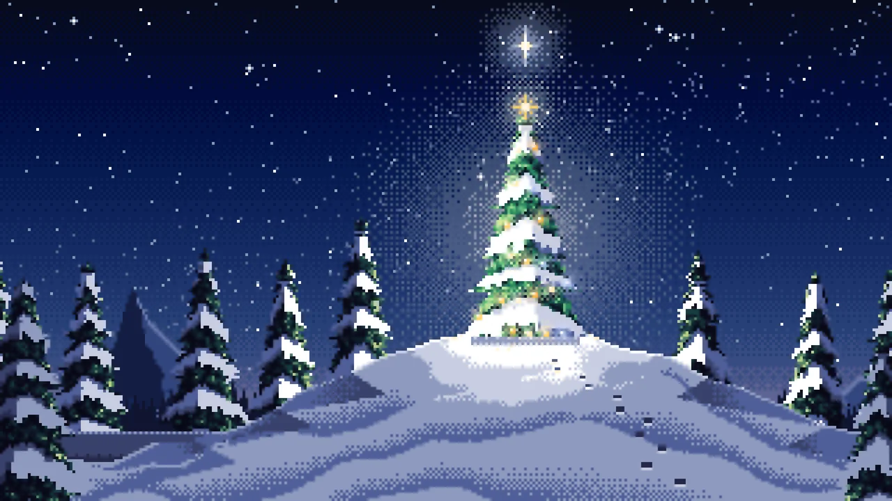 Navy Pixel Art Christmas Tree on a Snowy Hilltop desktop wallpaper in 4K