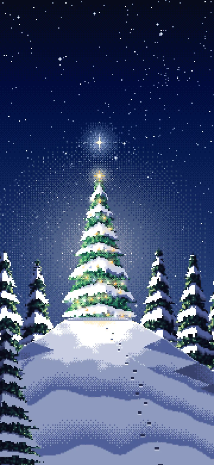 Navy Pixel Art Christmas Tree on a Snowy Hilltop wallpaper for iPhone and Android