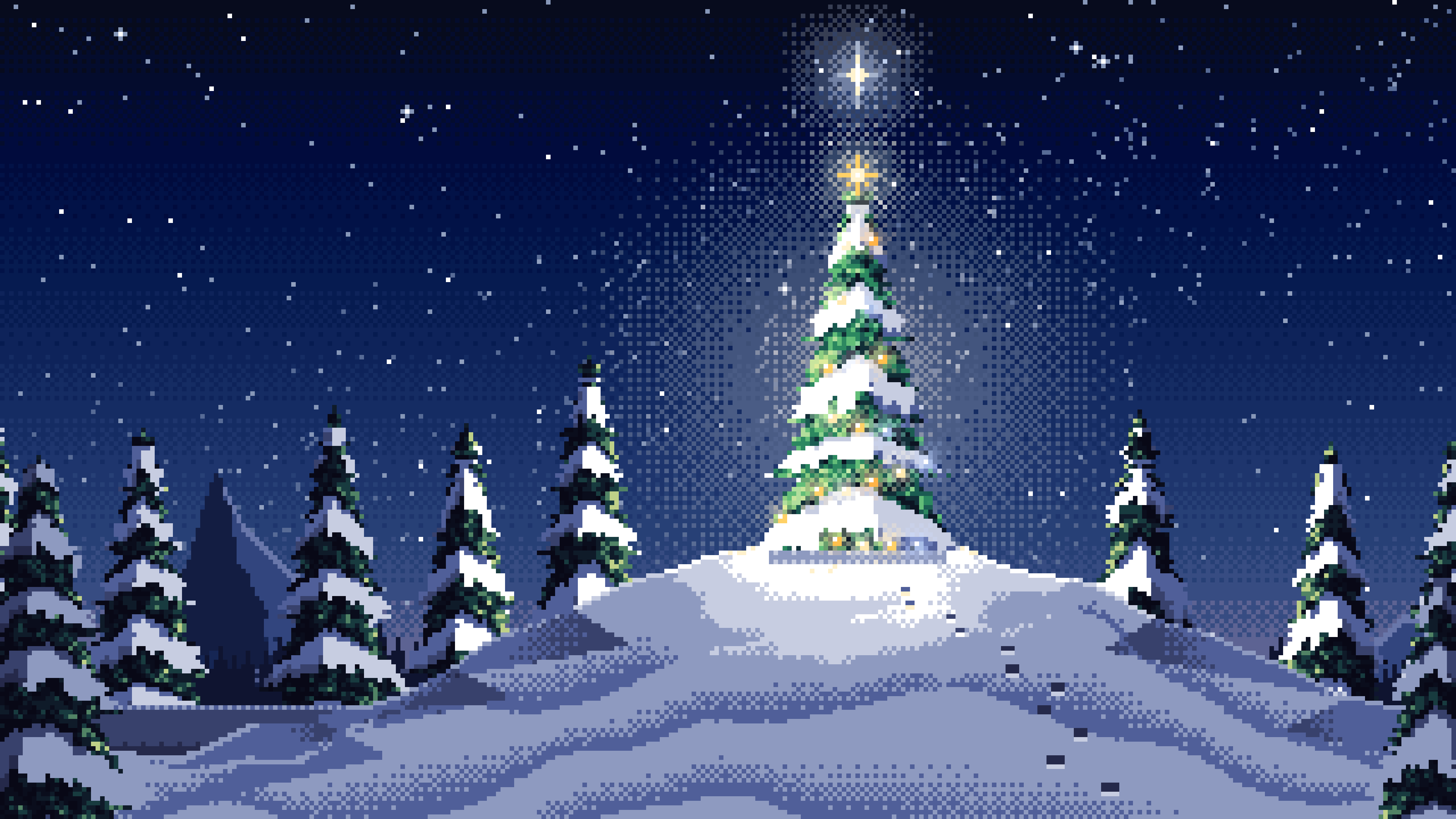 Navy Pixel Art Christmas Tree on a Snowy Hilltop desktop wallpaper in 4K