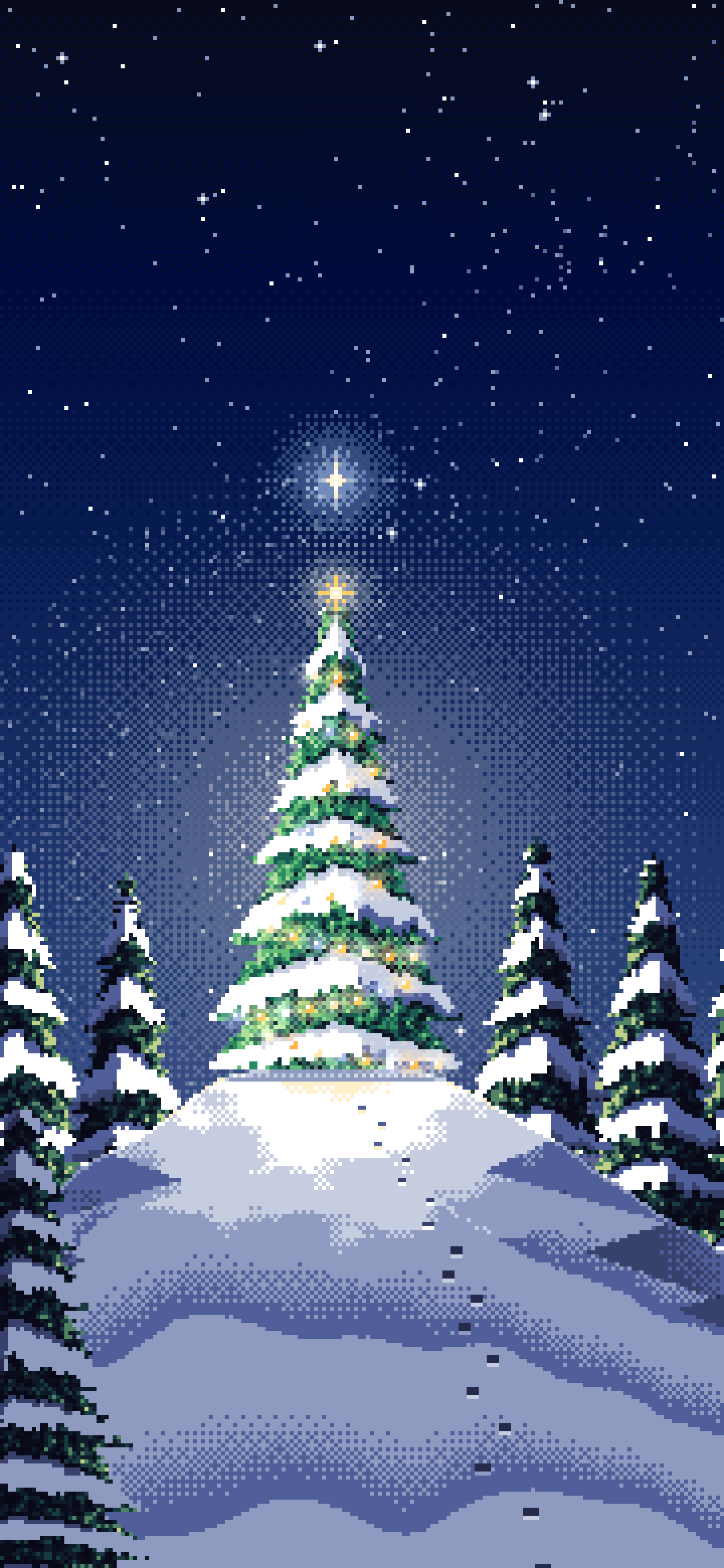 Navy Pixel Art Christmas Tree on a Snowy Hilltop wallpaper for iPhone and Android