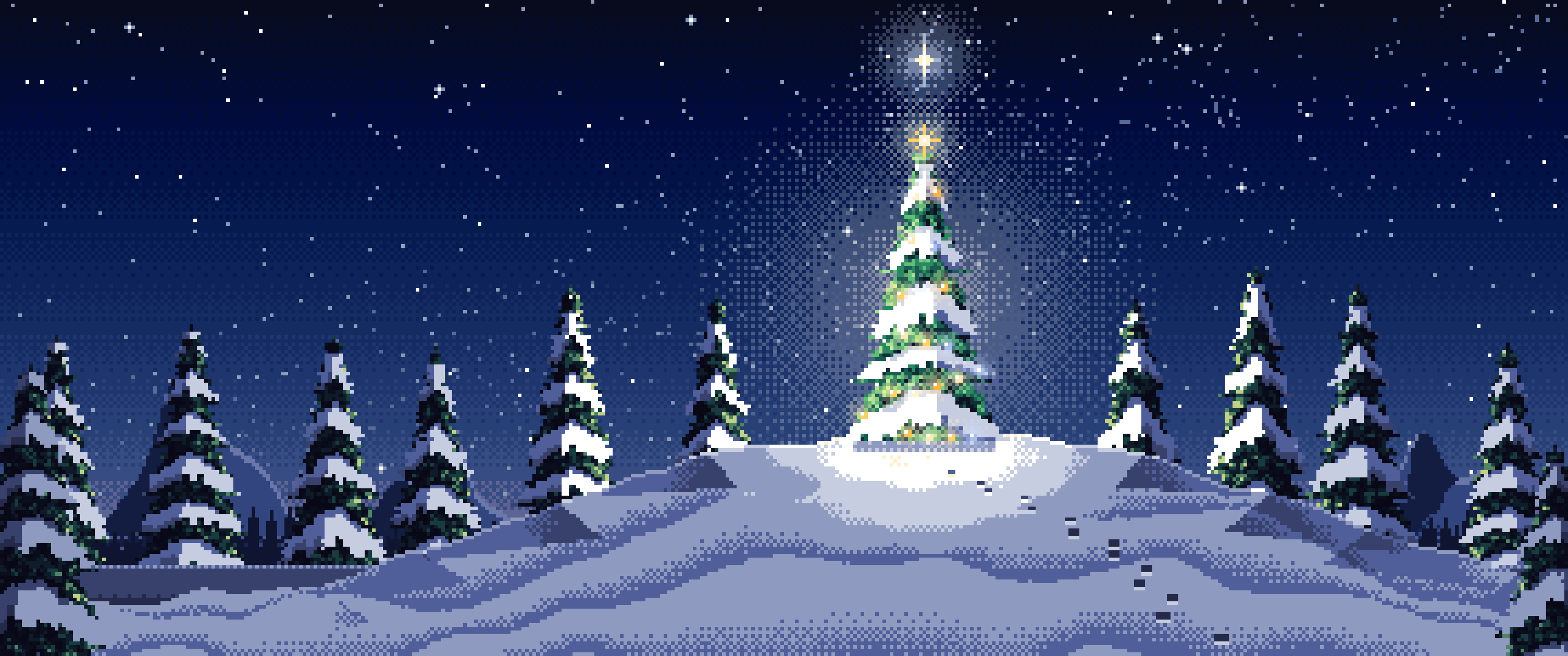 Navy Pixel Art Christmas Tree on a Snowy Hilltop ultrawide wallpaper, 3440 × 1440
