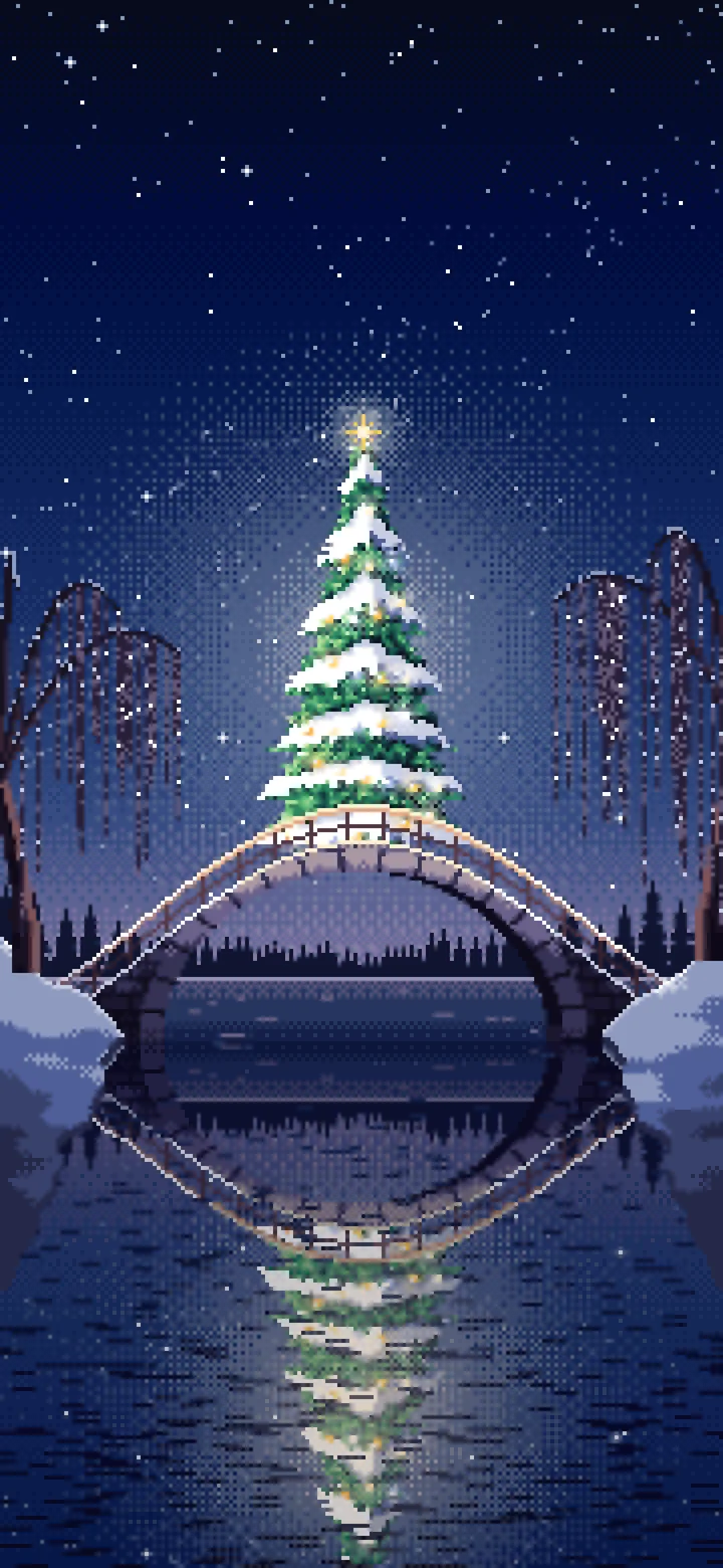 Navy Pixel Art Christmas Tree on a Stone Footbridge wallpaper for iPhone and Android