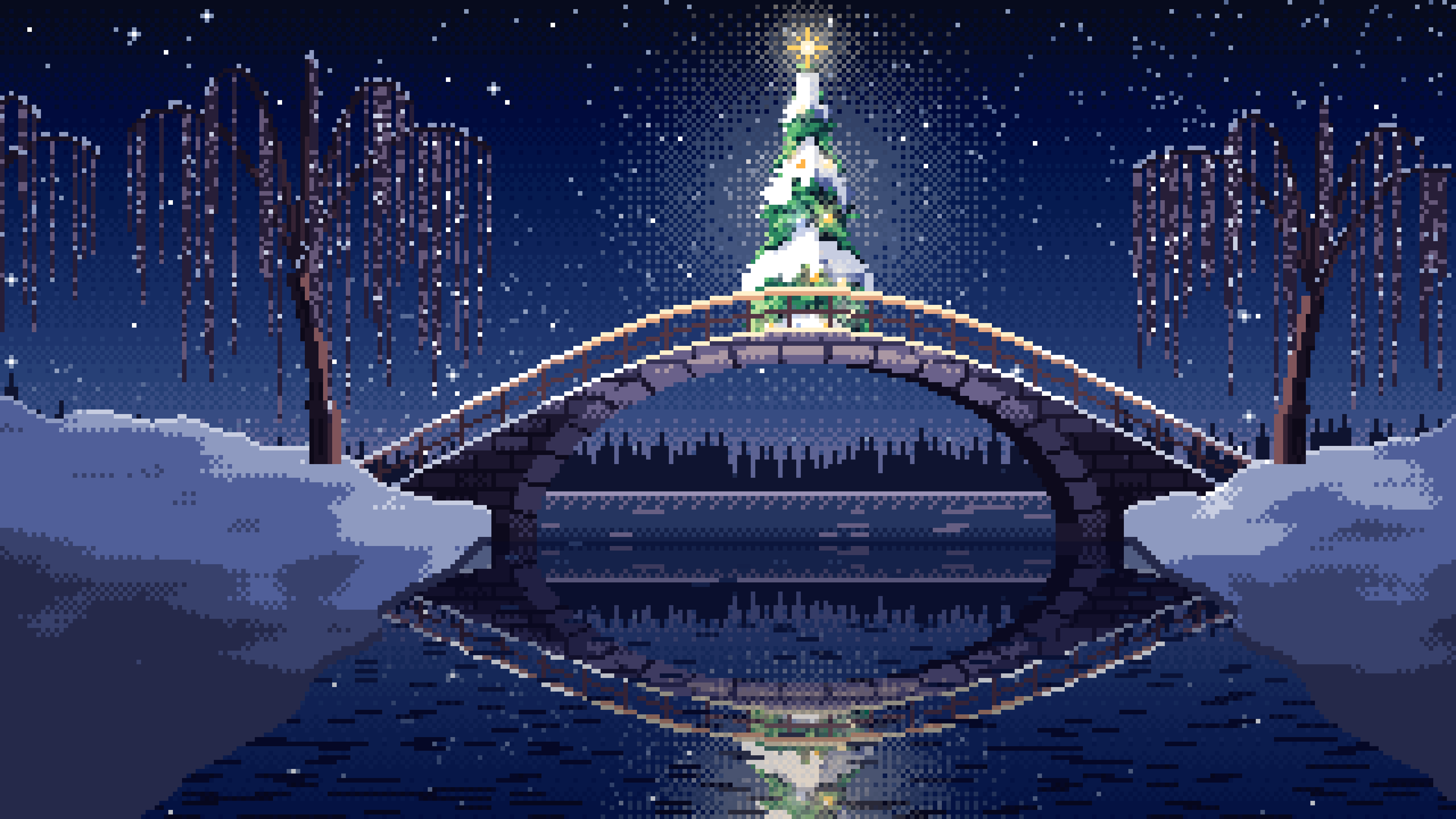 Navy Pixel Art Christmas Tree on a Stone Footbridge desktop wallpaper in 4K