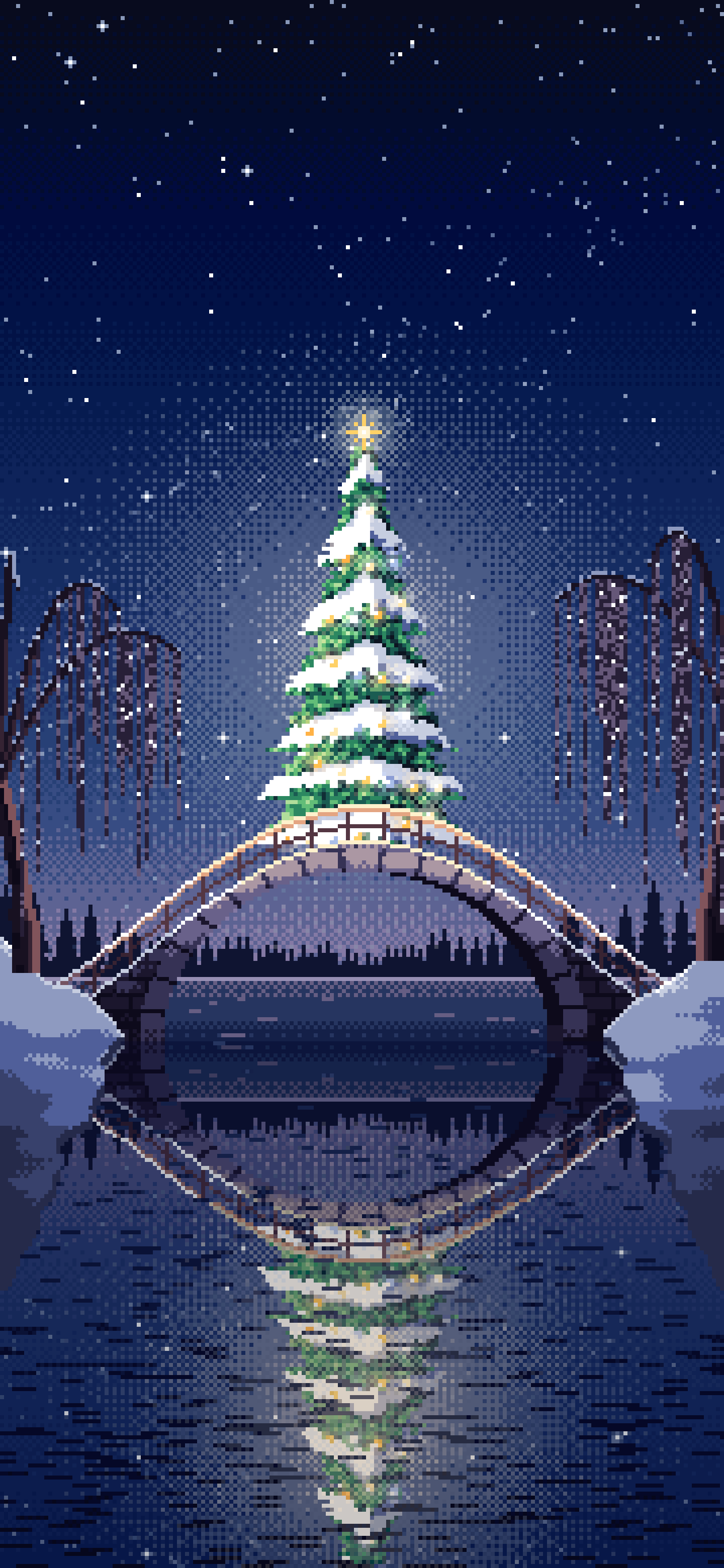 Navy Pixel Art Christmas Tree on a Stone Footbridge wallpaper for iPhone and Android