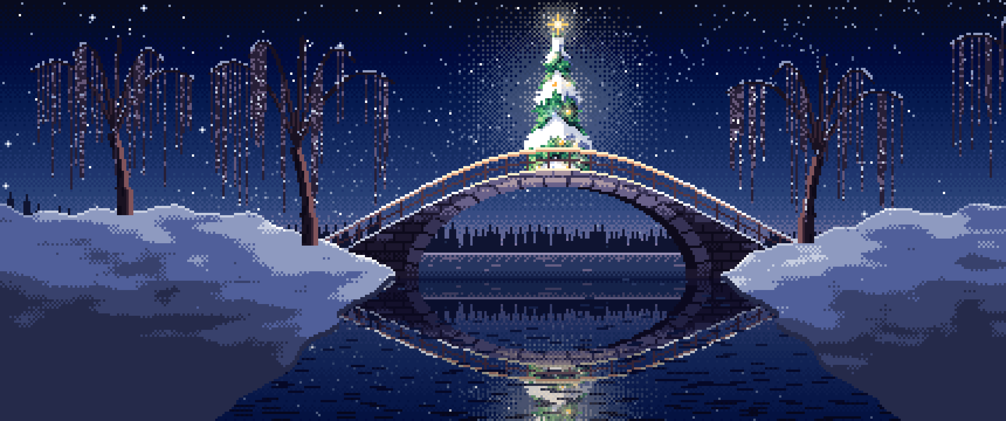 Navy Pixel Art Christmas Tree on a Stone Footbridge ultrawide wallpaper, 3440 × 1440