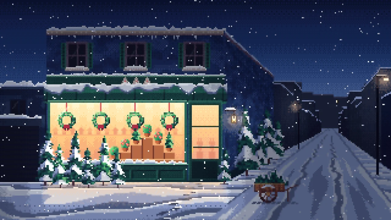 Navy Pixel Art Christmas Tree Shop desktop wallpaper in 4K