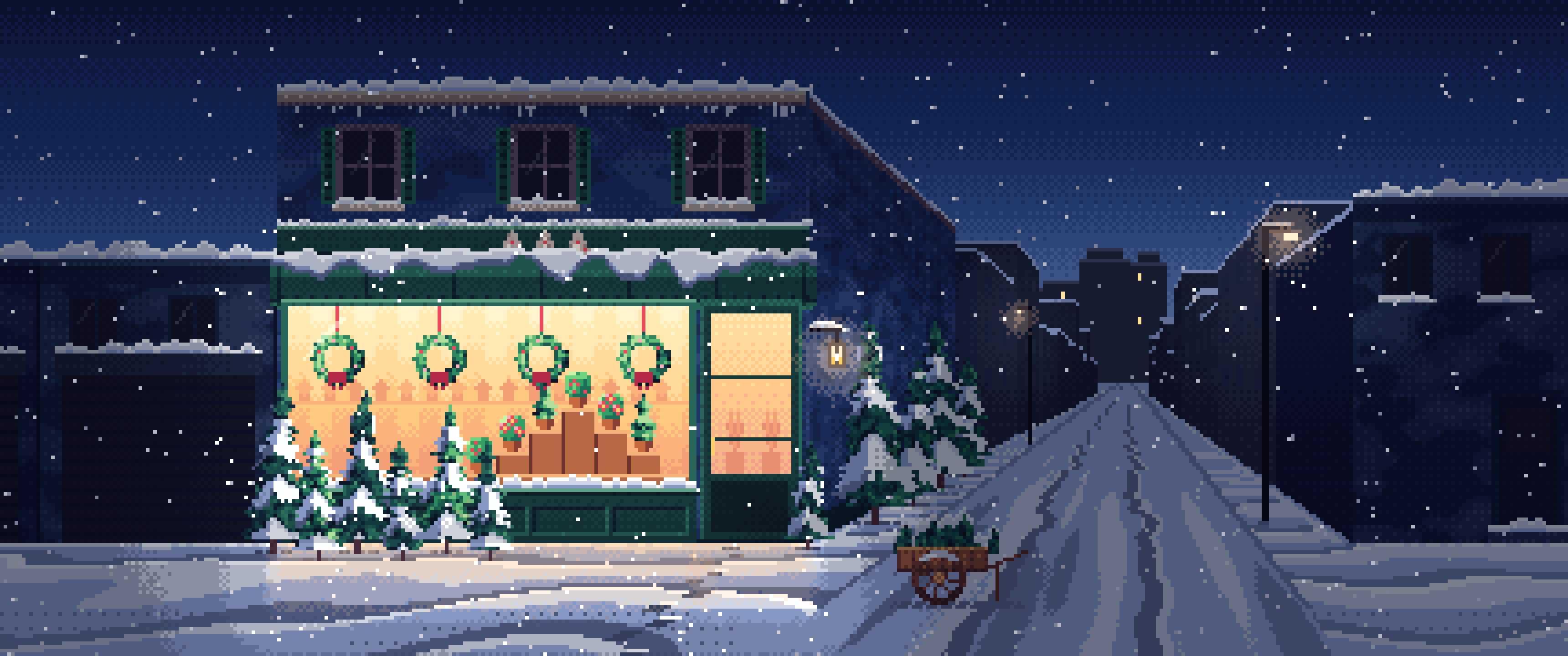 Navy Pixel Art Christmas Tree Shop ultrawide wallpaper, 3440 × 1440