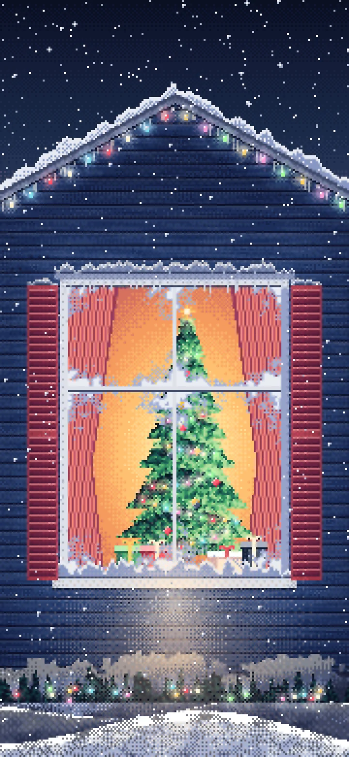Navy Pixel Art Christmas Tree Through a Frosted Window wallpaper for iPhone and Android