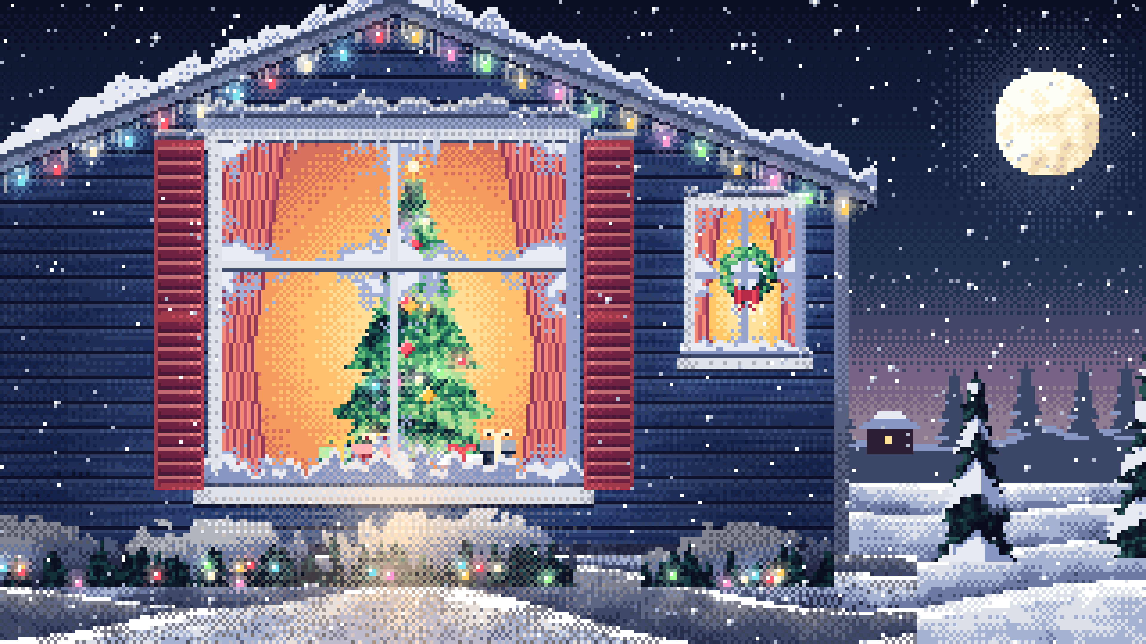 Navy Pixel Art Christmas Tree Through a Frosted Window desktop wallpaper in 4K
