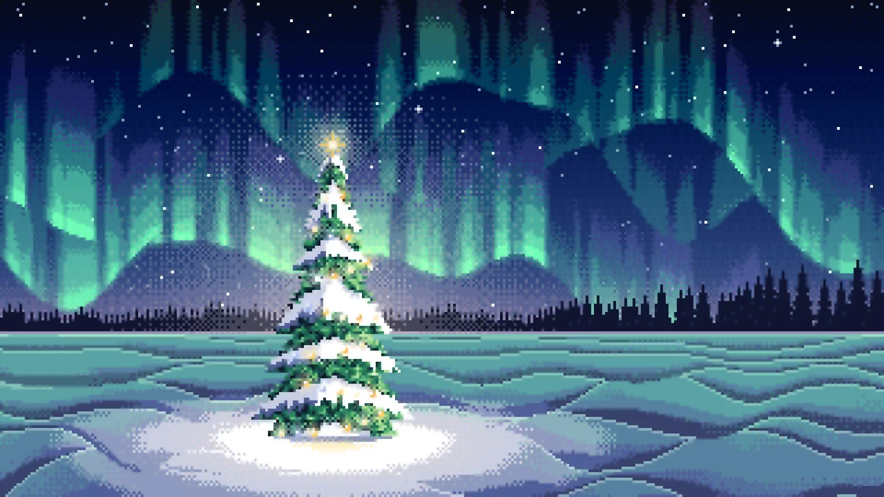 Navy Pixel Art Christmas Tree Under the Northern Lights desktop wallpaper in 4K