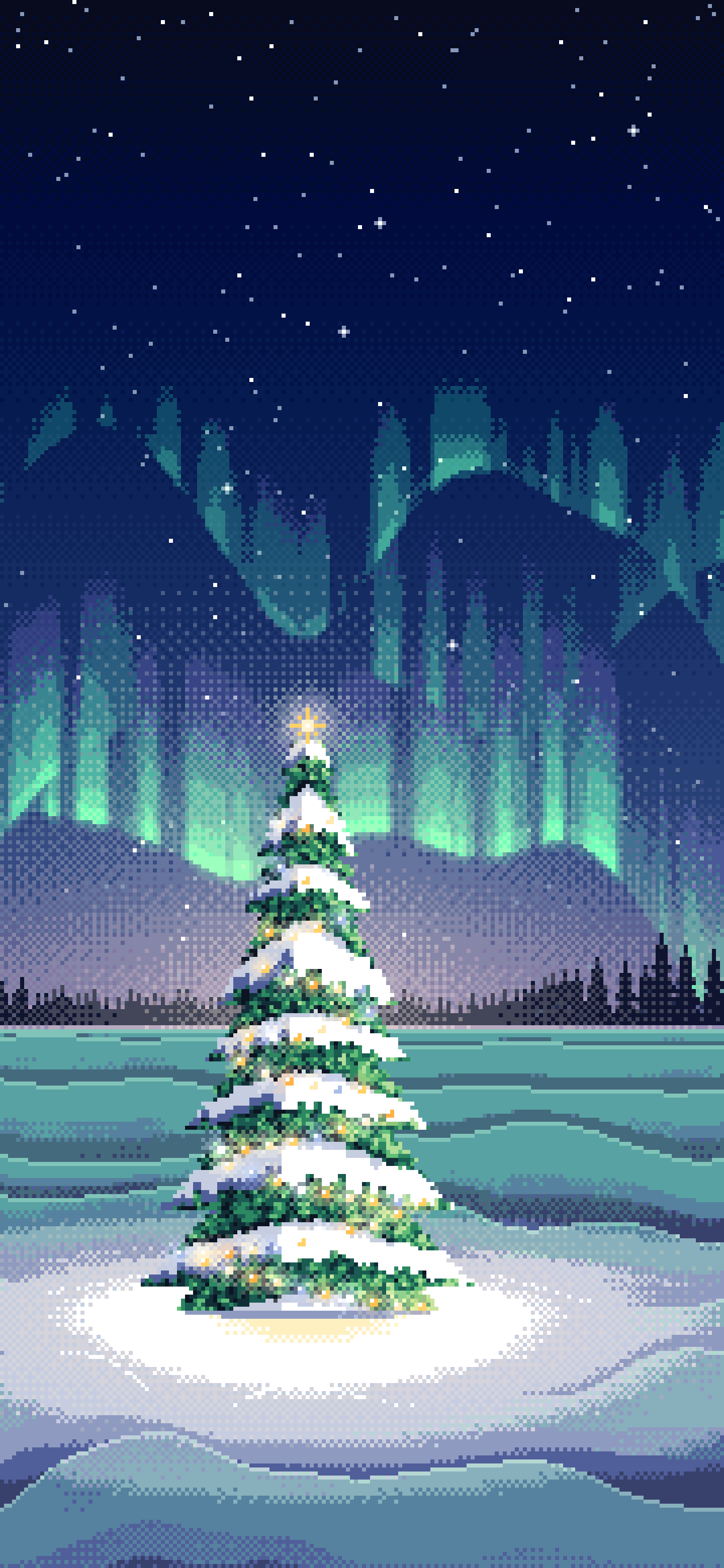 Navy Pixel Art Christmas Tree Under the Northern Lights wallpaper for iPhone and Android
