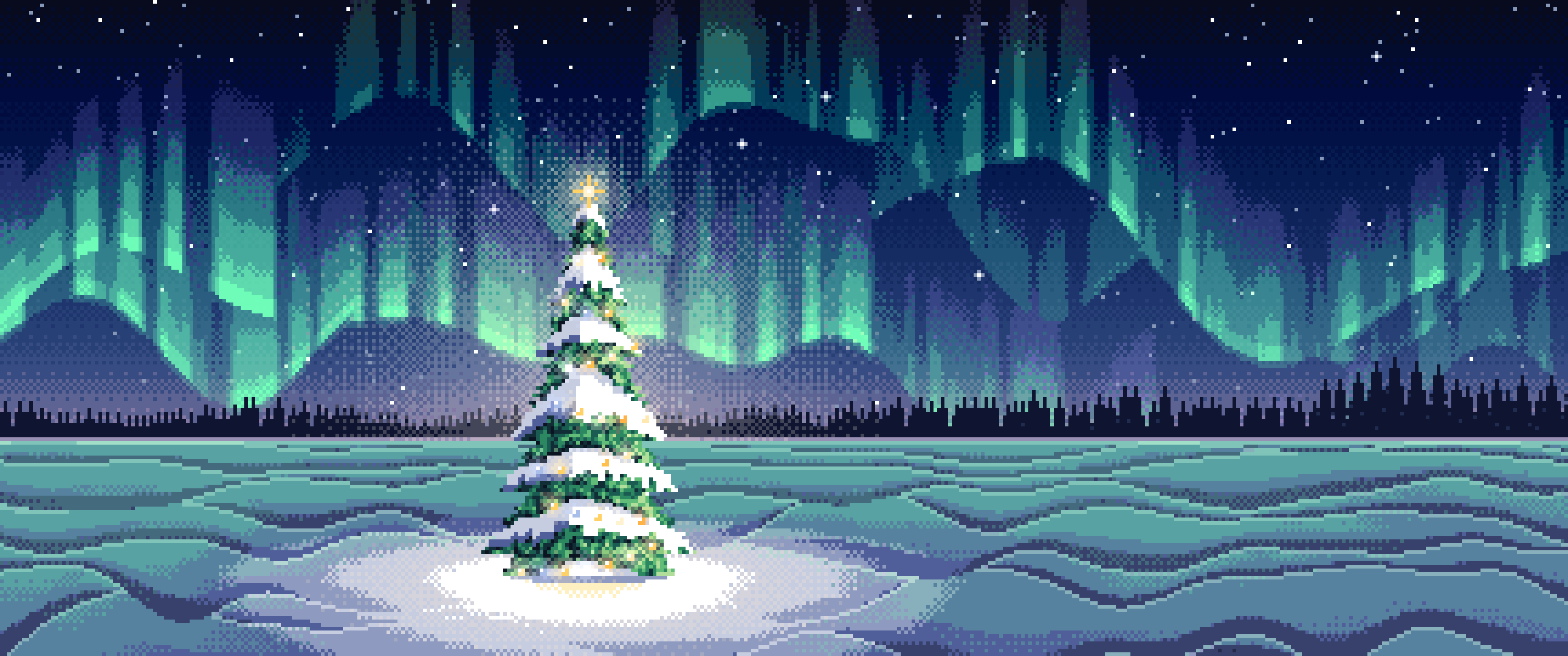 Navy Pixel Art Christmas Tree Under the Northern Lights ultrawide wallpaper, 3440 × 1440