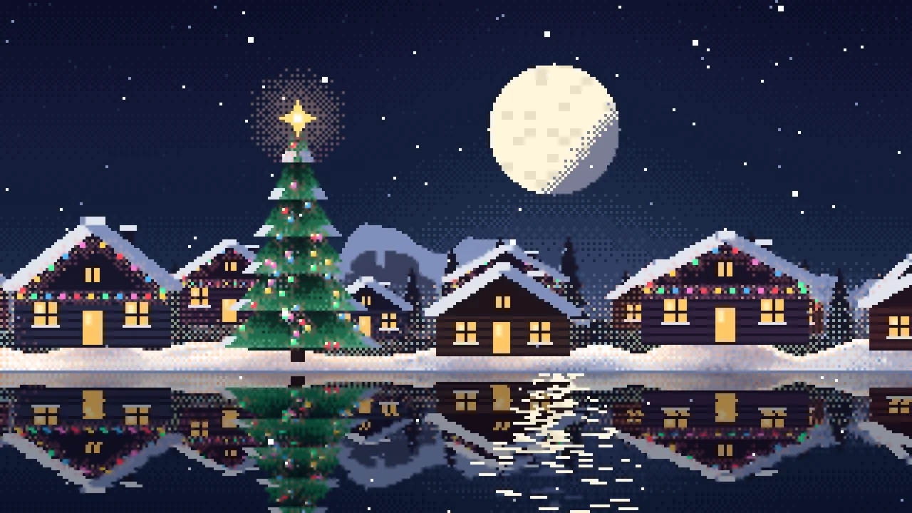 Navy Pixel Art Christmas Village desktop wallpaper in 4K
