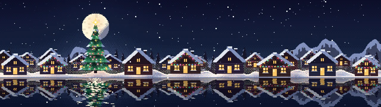 Navy Pixel Art Christmas Village dual monitor wallpaper, 7680 × 2160