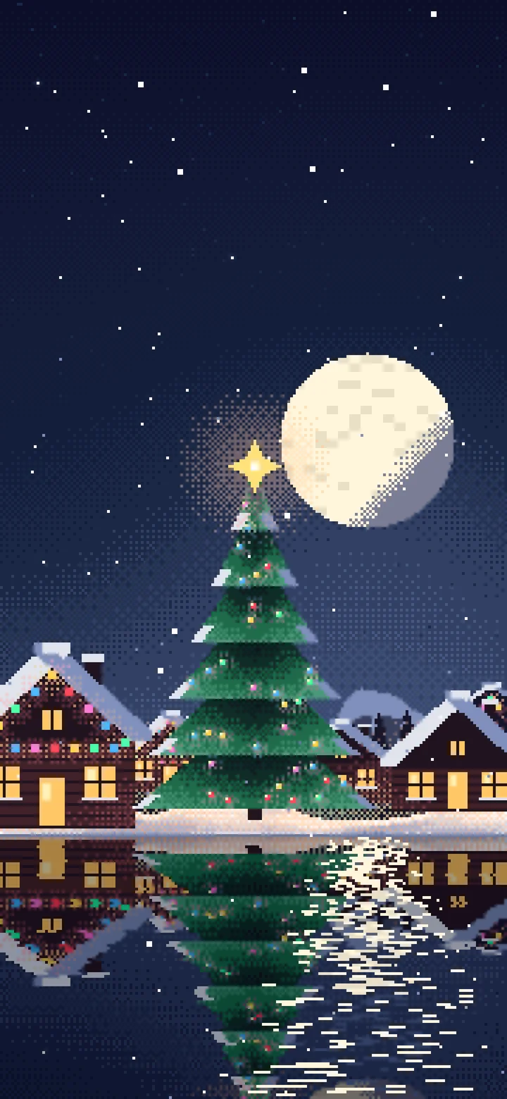 Navy Pixel Art Christmas Village wallpaper for iPhone and Android