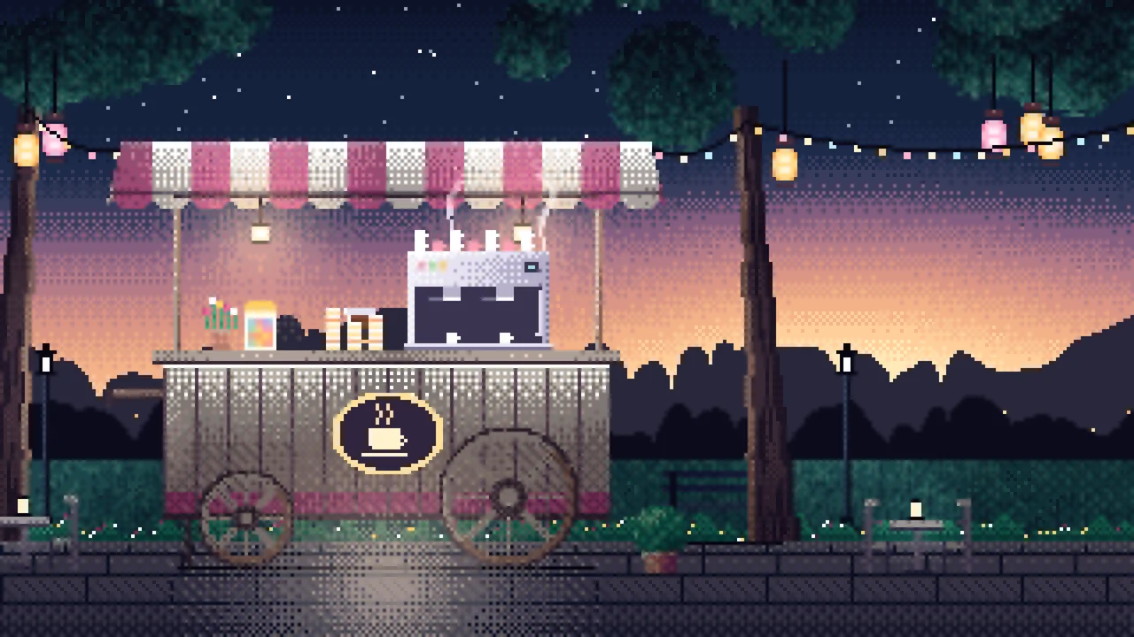 Navy Pixel Art Coffee Cart at Dusk desktop wallpaper in 4K