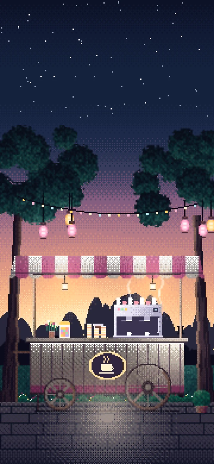 Navy Pixel Art Coffee Cart at Dusk wallpaper for iPhone and Android