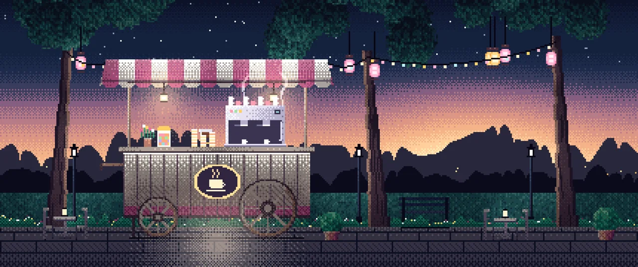Navy Pixel Art Coffee Cart at Dusk ultrawide wallpaper, 3440 × 1440