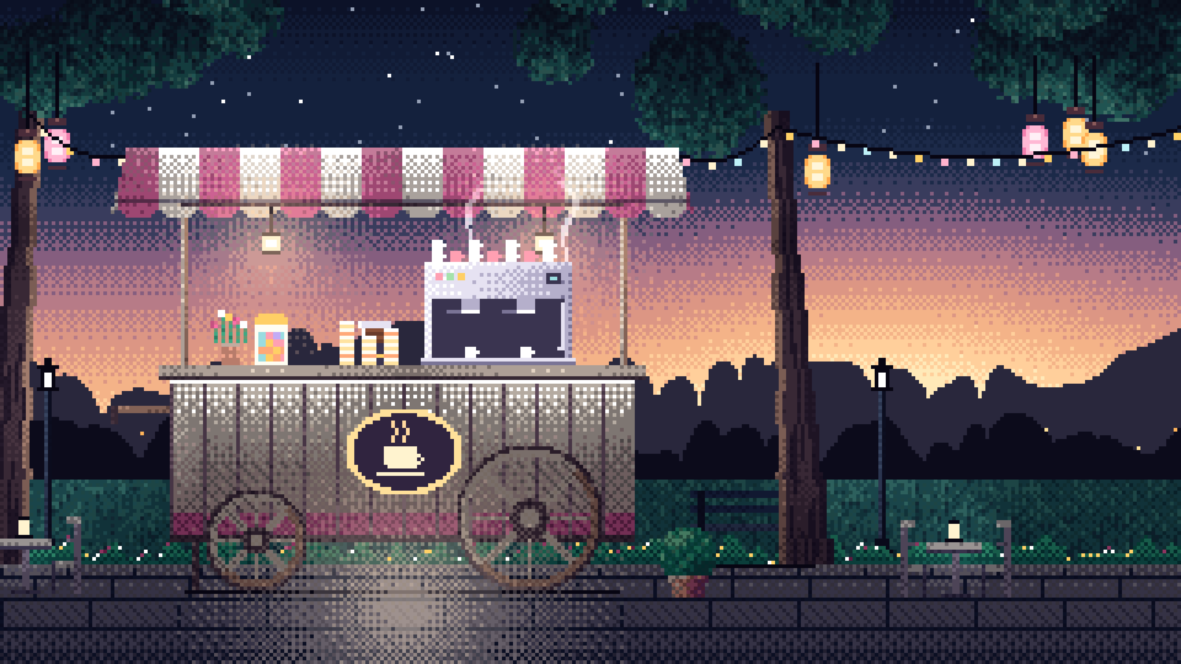 Navy Pixel Art Coffee Cart at Dusk desktop wallpaper in 4K