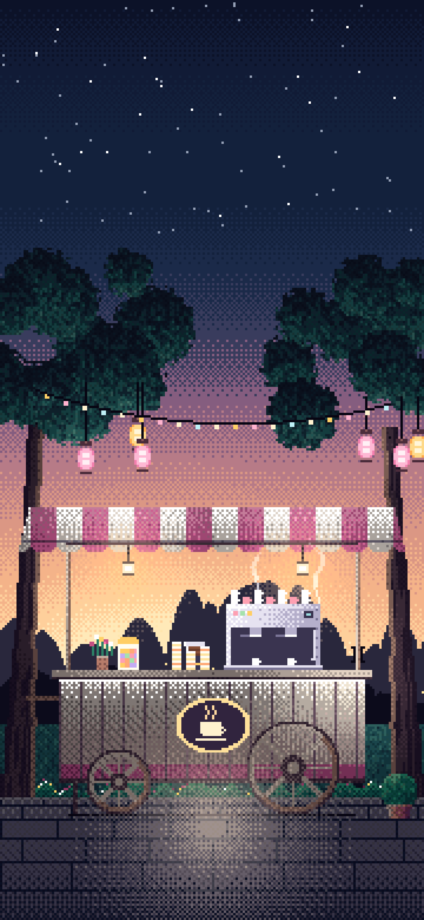 Navy Pixel Art Coffee Cart at Dusk wallpaper for iPhone and Android